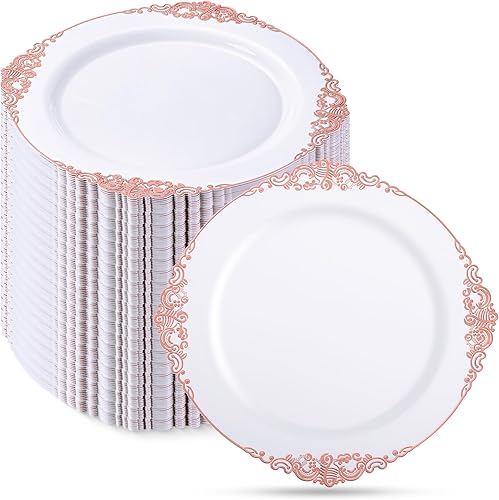 Shellwei 200 platos de plástico con borde para bodas, fiestas de lujo, vajilla de Acción de Gracias (oro rosa, 7.5 pulgadas)