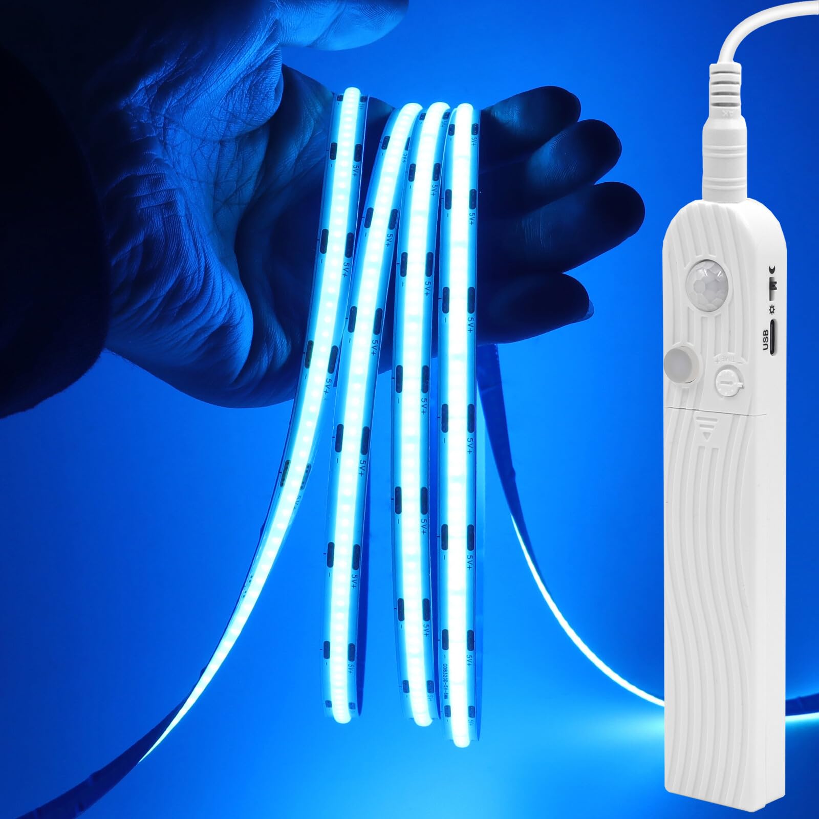 GQL Motion Sensor COB LED Strip Lights - PIR 5V Battery or USB Powered, Self-Adhesive for Closet Wardrobes Cabinets Stairs (Ice Blue, 2m) โ image 1