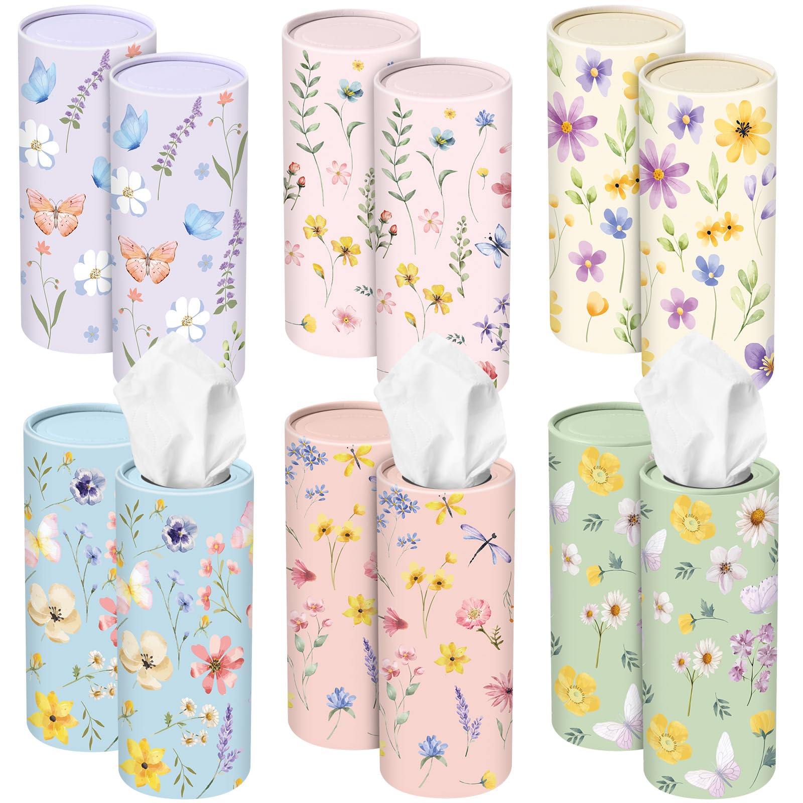 Outus 12 Pcs Floral Car Tissue Holder Cylinders with 3 Ply Facial Tissue Bulk, Portable Paper Dispenser for Cup Holder, Travel Bathroom Table Decor, Tissues Boxes Container for Home Office Party