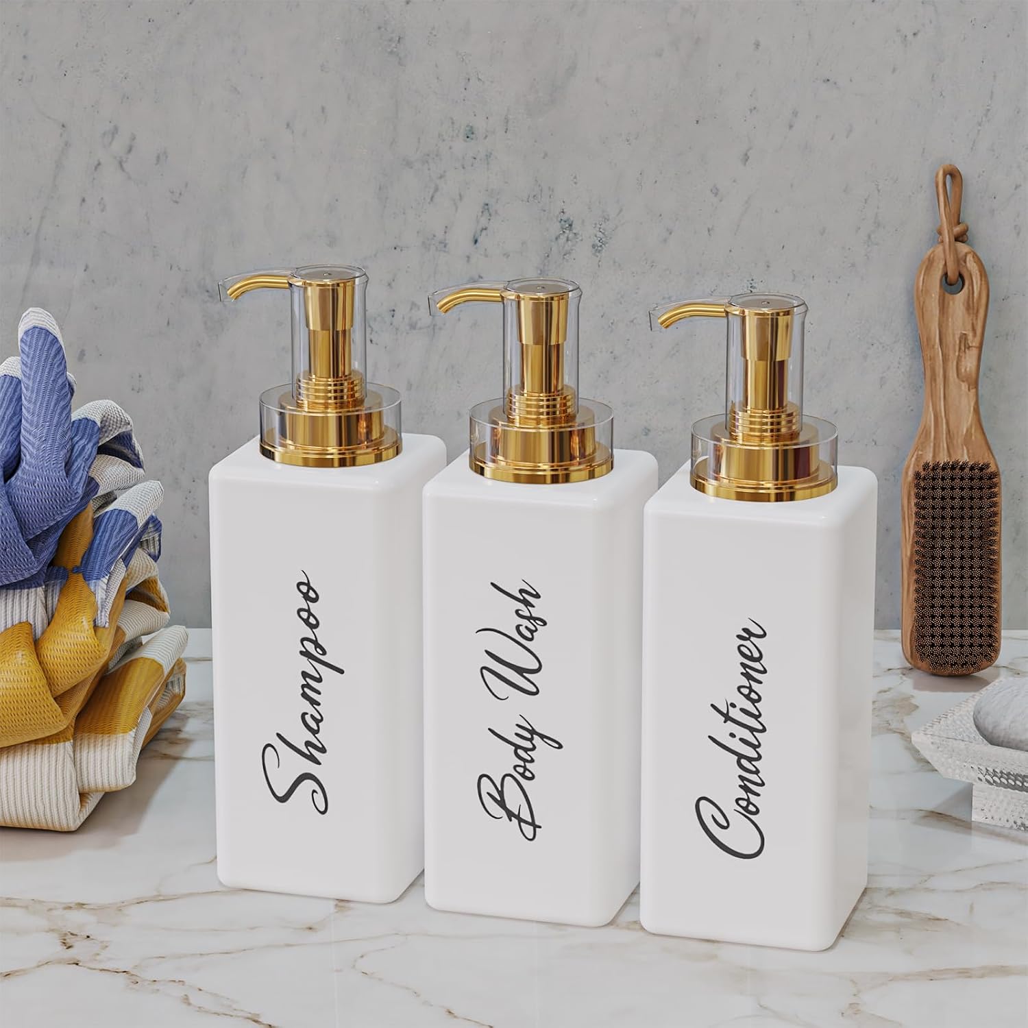 Akalin Refillable Shampoo and Conditioner Bottles, 16oz White and Gold Soap Dispenser Bathroom, Shampoo and Conditioner Dispenser for Bathroom Lotion Body Wash Massage Oils (White)