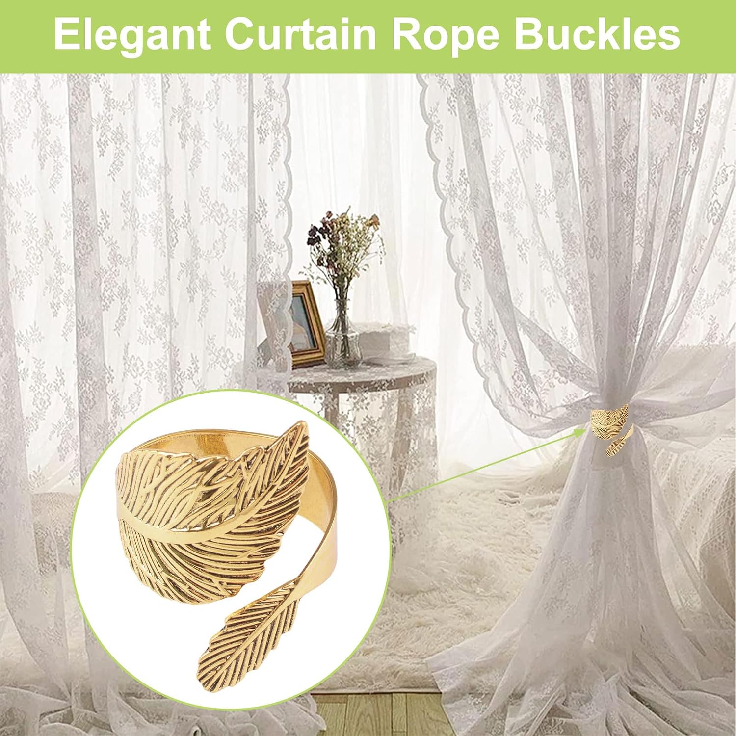 6pcs Curtain Tie Backs, Simple Elegant Large and Small Leaf Curtain Tieback DIY Decorative Holdbacks for Lightweight Gauze Curtains(Gold)