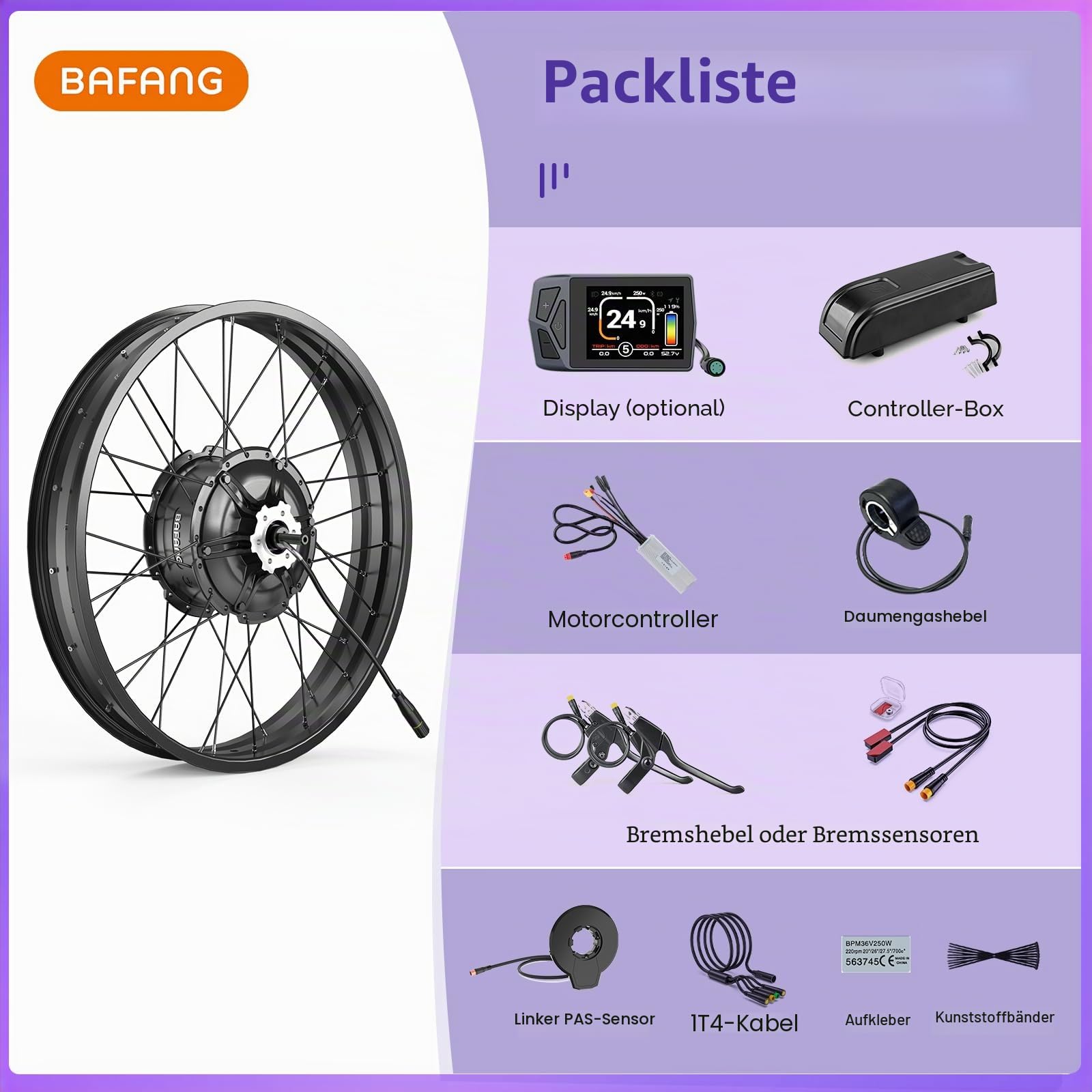 BAFANG 48V G062 E-Bike Umbausatz - 20'' 26'' Hinterrad Nabenmotor Opt Akku