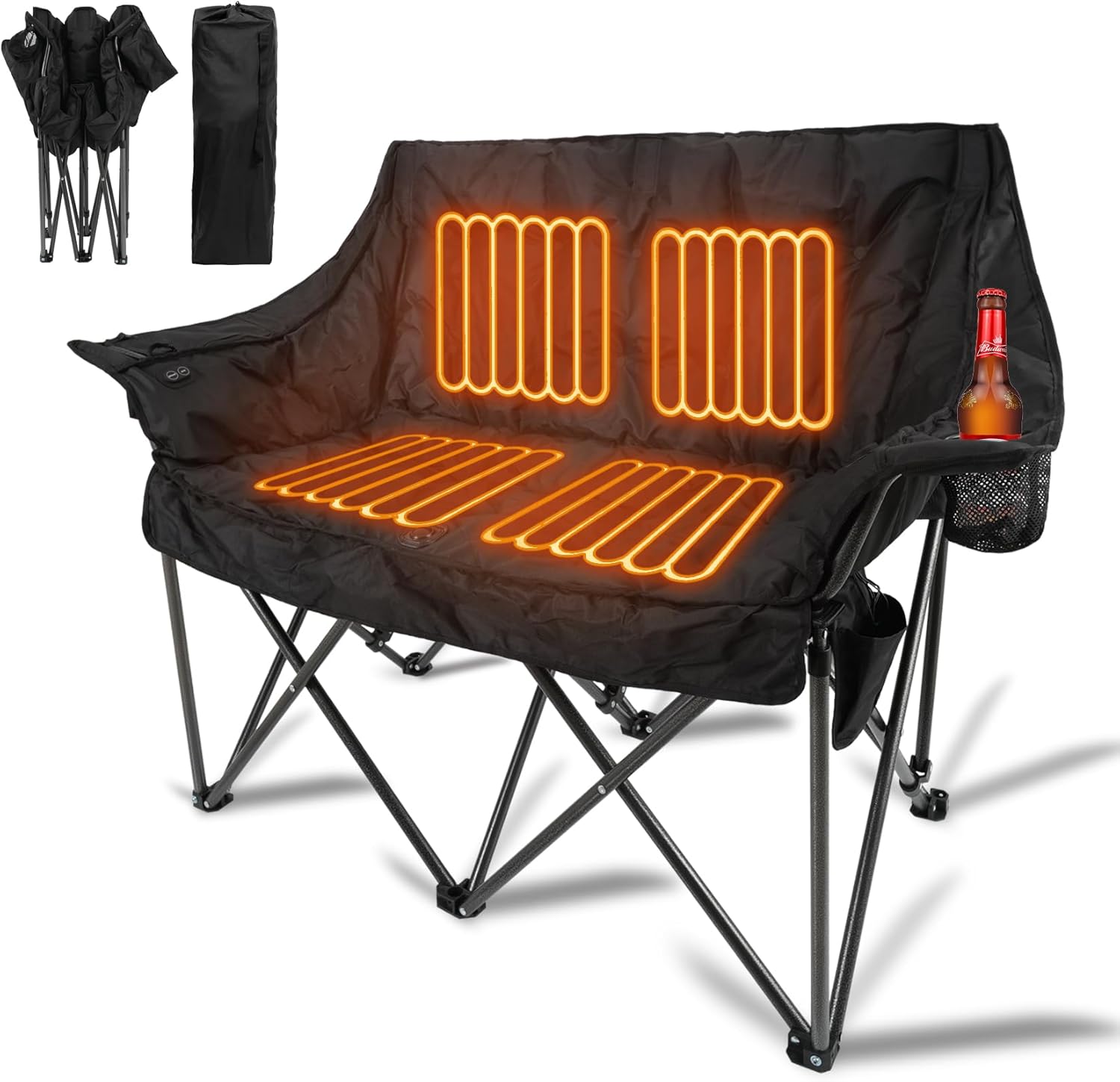 Double Heated Tenting Chair, Totally Padded Loveseat Tenting Chair w/ 1x Cup Holder, 1x Ice Bag, 2 Individual Tenting Sofa Heated for Outside, Sports activities, Patio, Helps 600lbs, Black, No Energy Financial institution