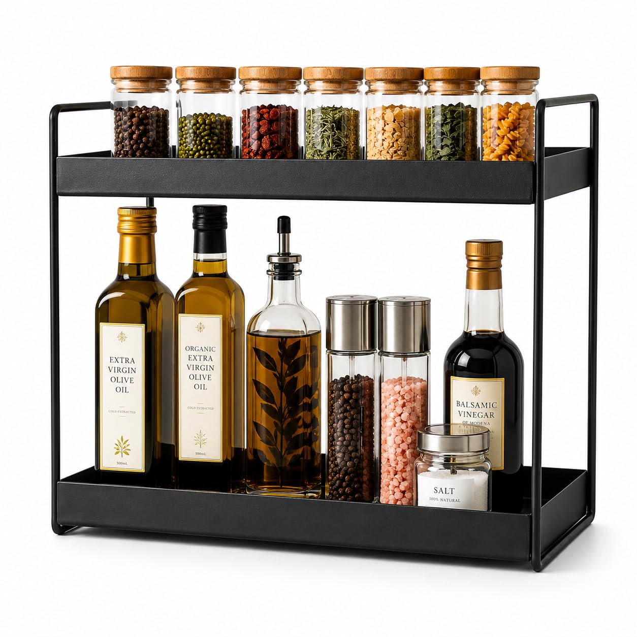 2 Tier Iron Spice Rack Storage Organizer, Matte Black Countertop Shelf for Kitchen, Bathroom, Pantry, Cosmetics, Books & Essentials, Durable Space Saving Organizer Stand-image-15