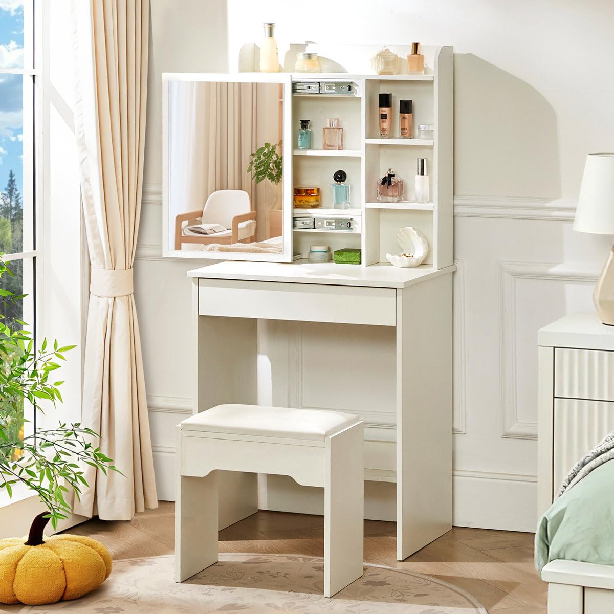 Ozone Engineering Wood Modern White Makeup Vanity Set with Stool | Sliding Hidden Mirror, Includes Stool, Engineering Wood, Modern Design, White Finish-image-39