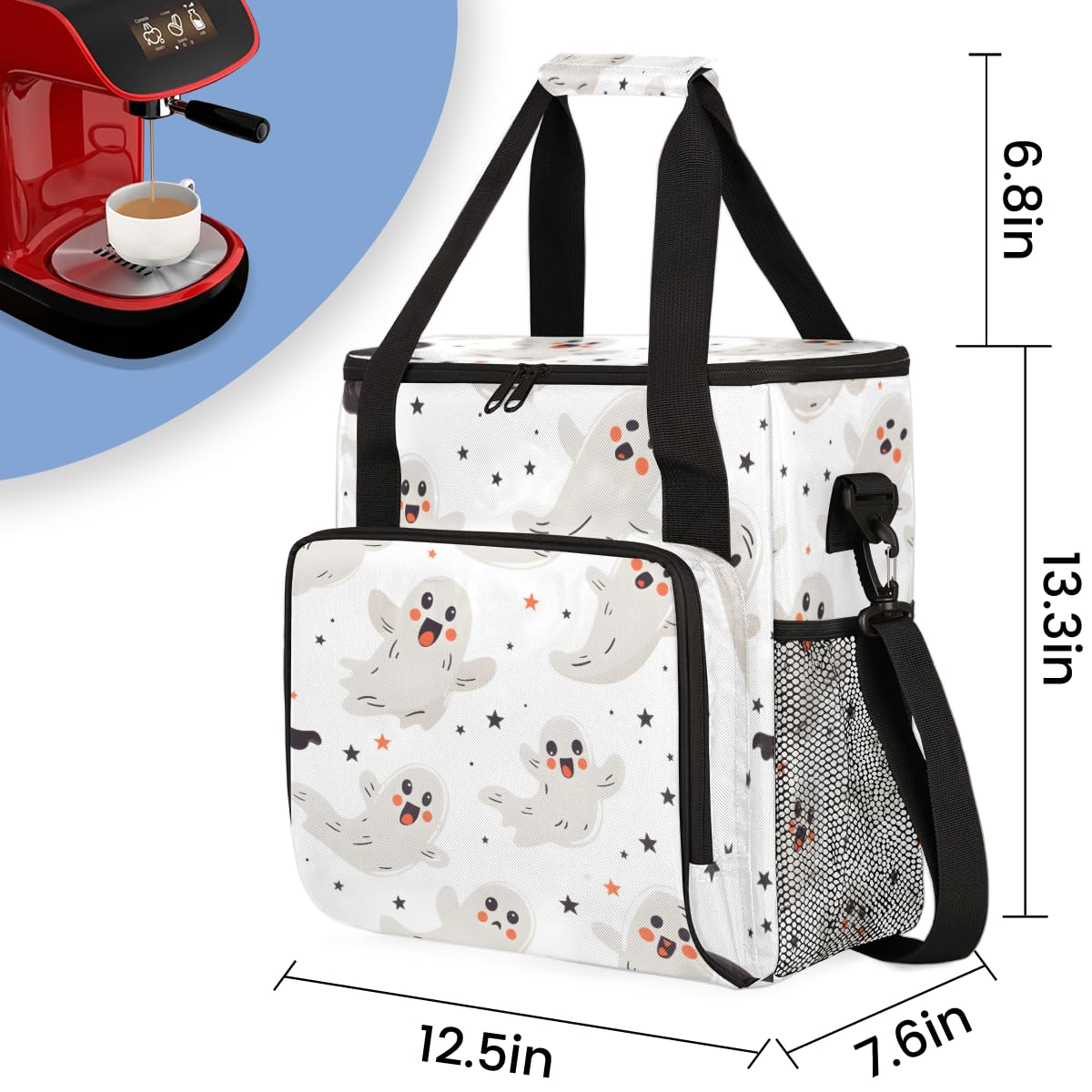 Colorful Spooky Ghosts Coffee Maker Carrying Bag, Travel Storage Bag Compatible with K-Mini or K-Mini Plus, Single Serve Coffee Brewer Carrying Case with Multiple Pockets & Shoulder Strap