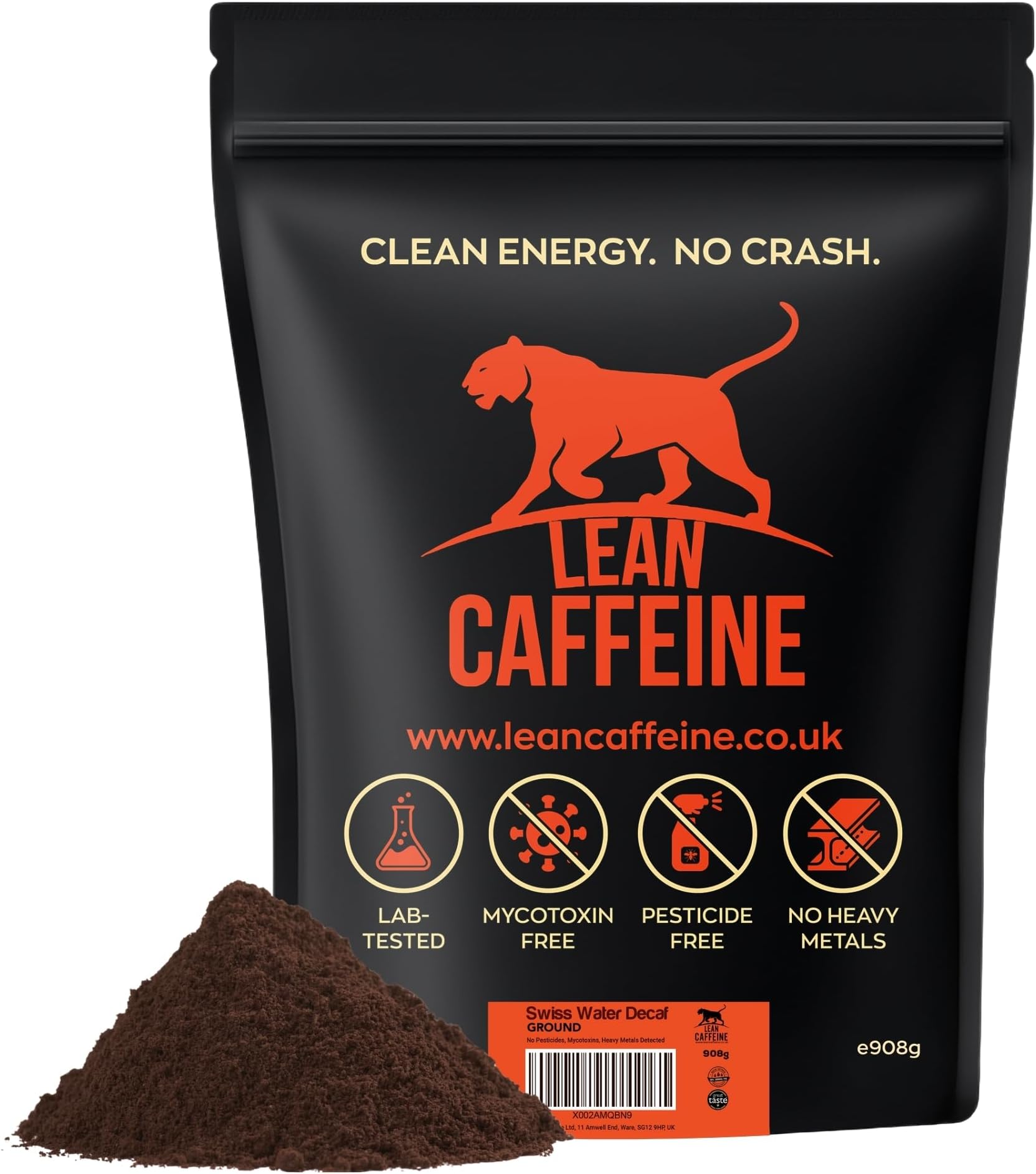 Lean Caffeine Bulletproof Decaf Ground Coffee – Super Clean, Lab Verified, Tested For Mycotoxins And Heavy Metals – Low Acid – Swiss Water Decaffeinated Ground Coffee – 908g (1 Pack)