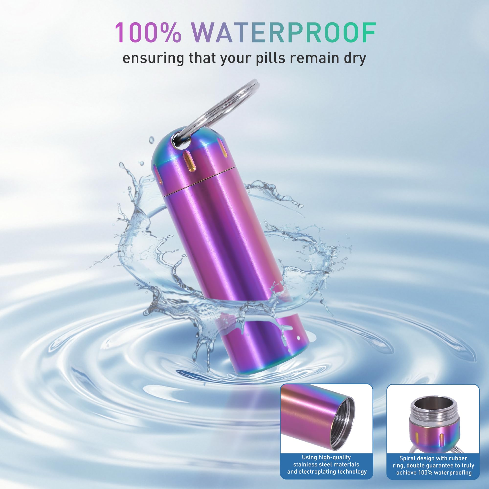VTAR Llavero pastillero de acero inoxidable, paquete de 2 pastilleros de metal de emergencia | Pastillero impermeable para nitro, vitaminas, auriculares, Twist Top, mini para viajes, EDC, al aire libre, color arcoíris