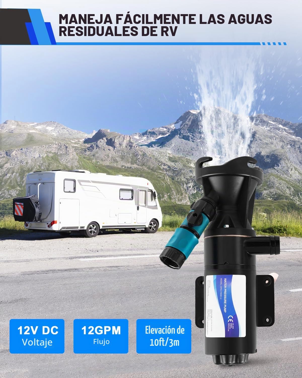 YUCHENGTECH 12V DC Bomba Trituradora 12 GPM | Autocebante de Corriente Continua Bombeo de Aguas Residuales Succión de 3,2 pies Elevación de 10 pies Bomba Portátil