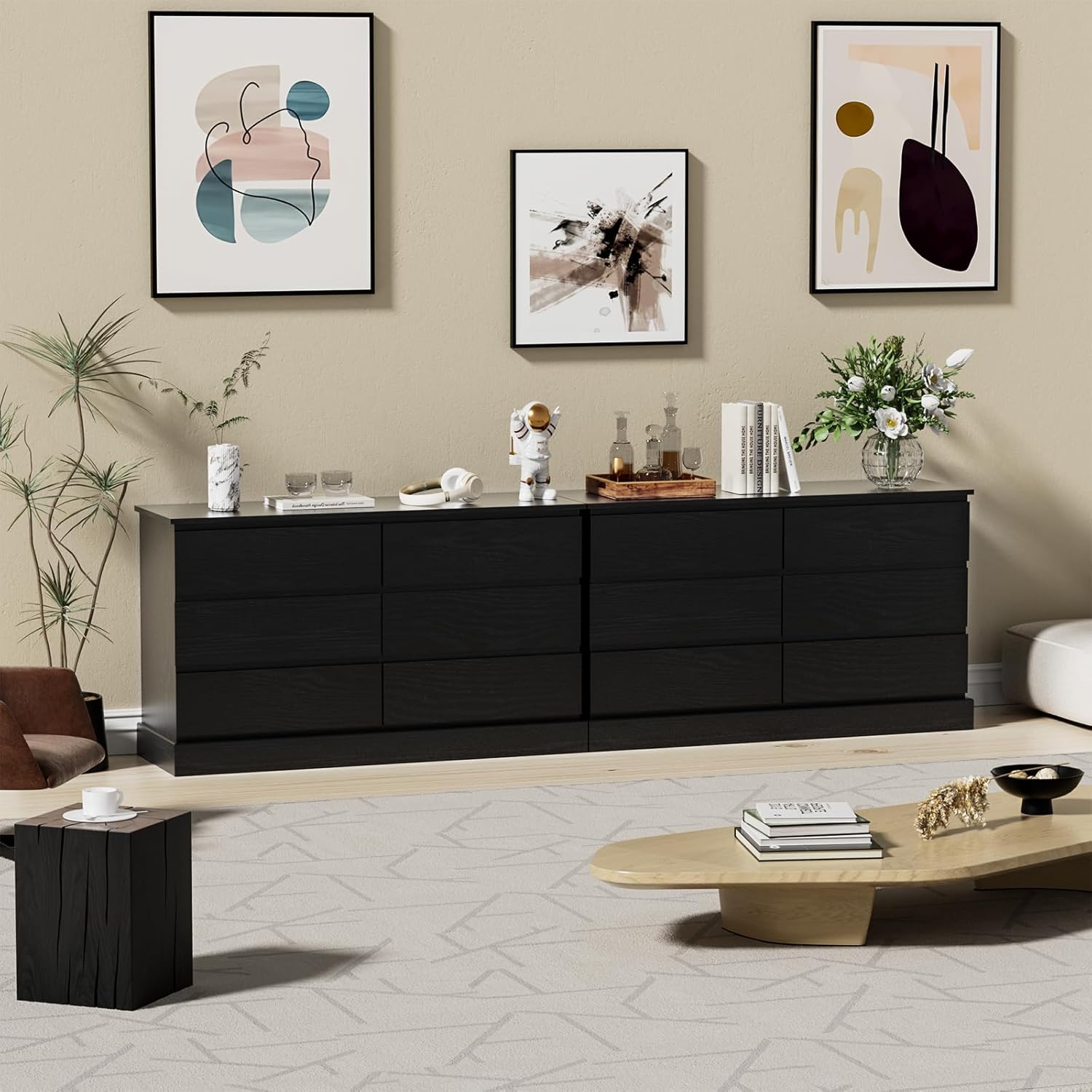 Black Dresser with 6 Drawers Modern Dresser for Bedroom Freestanding Wood Dresser Wide Chest of Drawers with Sturdy Base Storage for Living Room, Hallway, Entryway