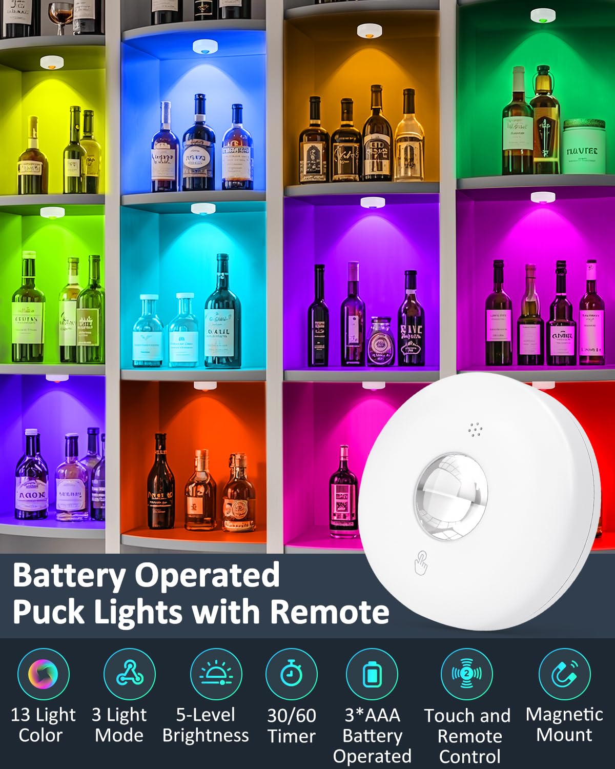 Yiliaw LED Puck Lights with Remote, Magnetic AAA Battery Operated Light, Under Cabinet Lighting, Tap Lights with Dimmer & Timmer for Kitchen, Closet, Shelf - 3 Pack, White