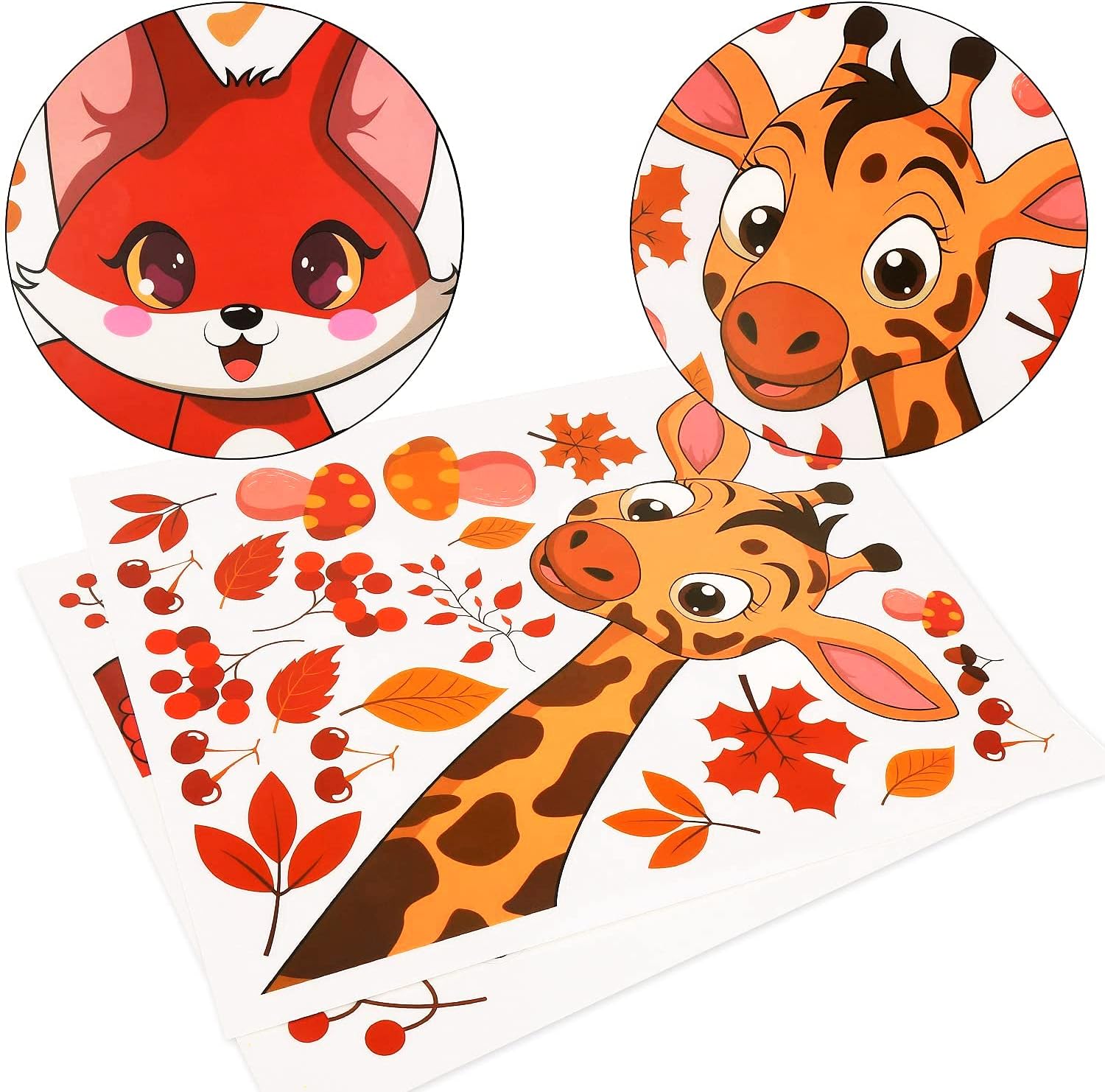 DERAYEE 120Pcs Fall Window Clings, Thanksgiving 6 Sheets Window Decal Stickers Autumn Maple Leaves Pinecones Acorns Squirrels Foxes for Home Decoration
