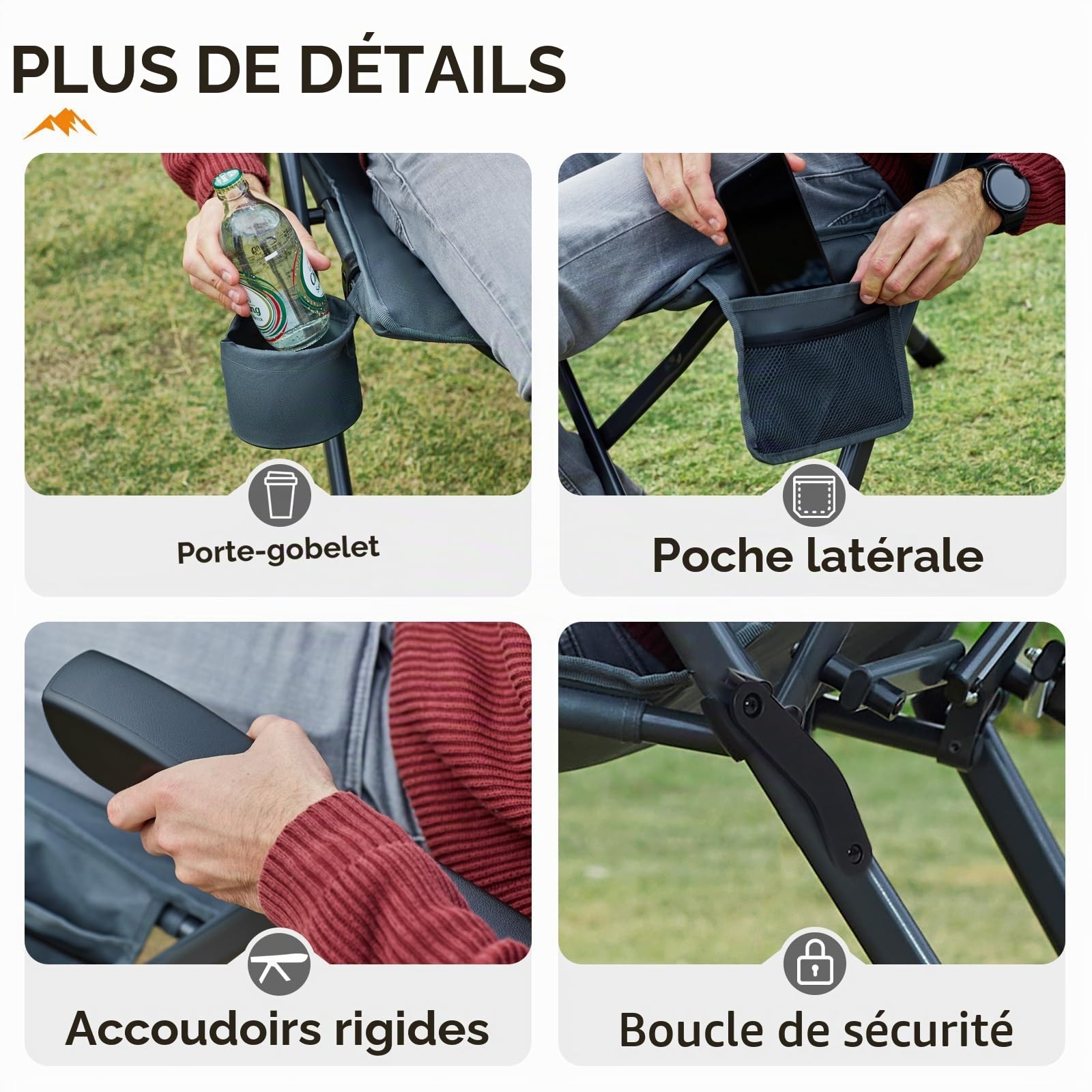 Portal Chaise Pliante Camping – Fauteuil de Jardin Portable Inclinable 160kg, Dossier Haut Réglable 3 Positions – Transat Confortable pour Plage, Terrasse, Balcon, Extérieur
