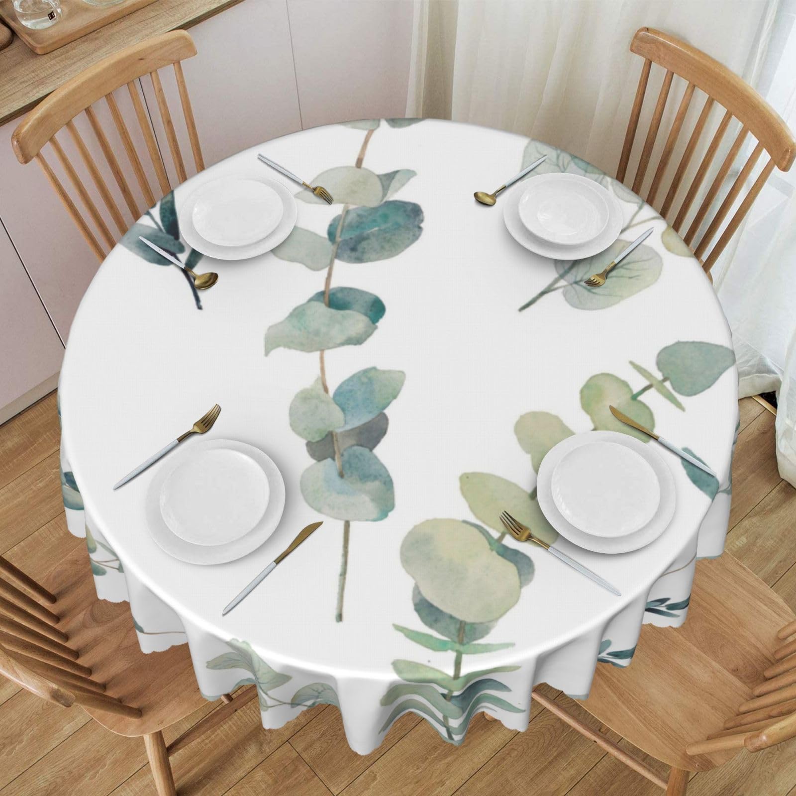 DCEHGEW 60 In Round Tablecloth with Lace, Eucalyptus Leaves Printed Oilproof & Washable Fabric Picnic Table Cloth Table Covers