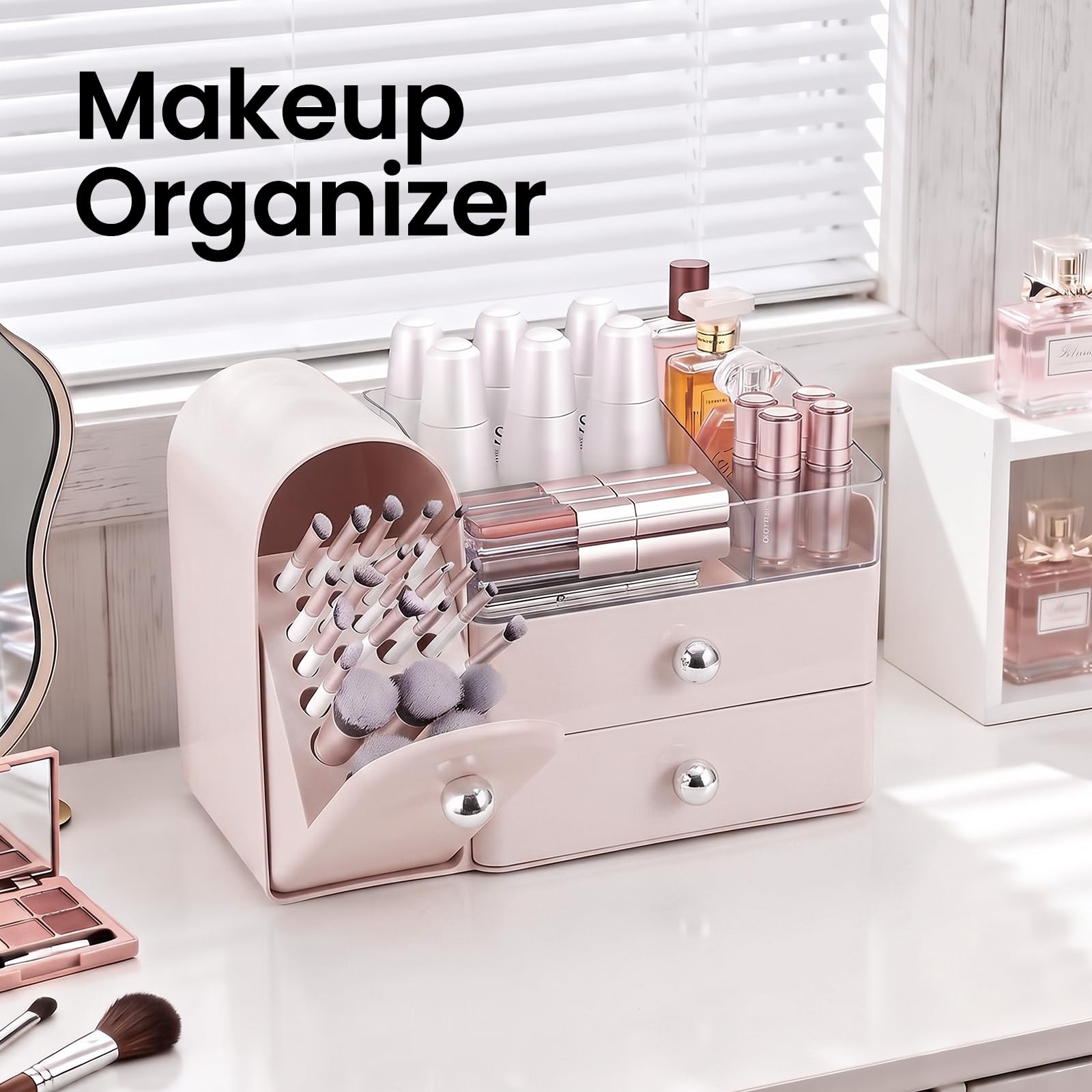 TRQWRO Makeup Organizer Countertop with Makeup Brush Holder,Pink view 3