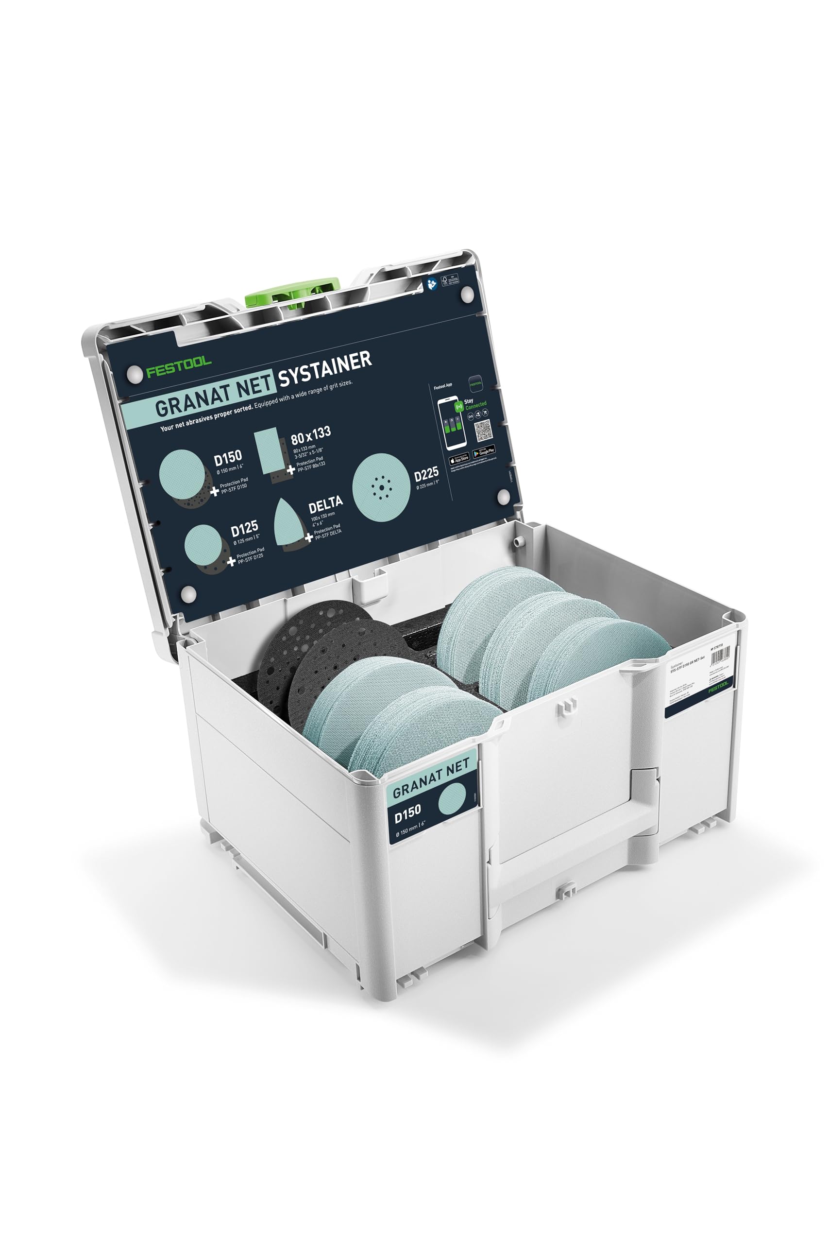 Festool Granat Net D150 Abrasivos Systainer³ - Discos Lijado | Systainer³ con discos de red GR NET SYS para lijado sin polvo en pintura, masilla, yeso y madera