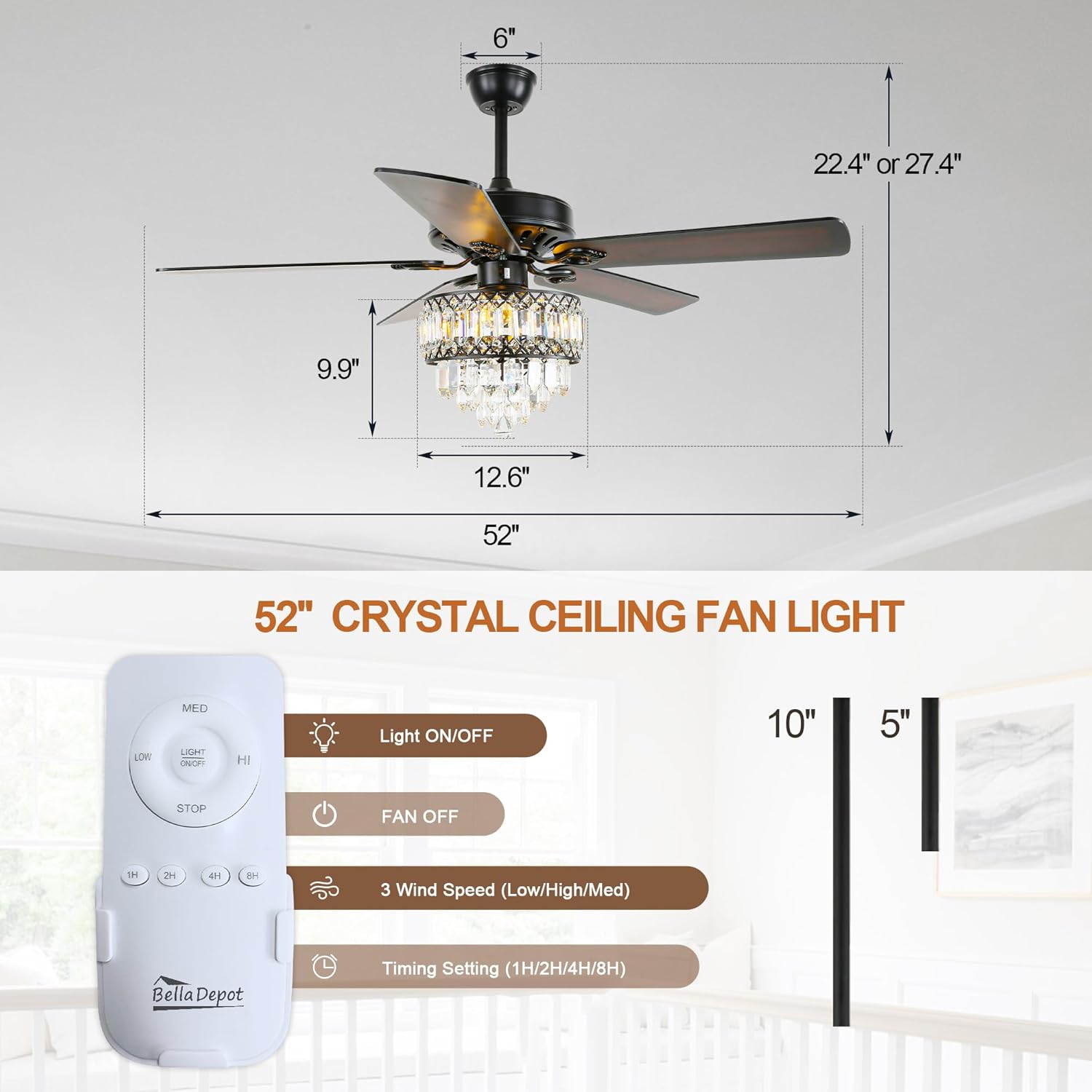 Diagram showing fan dimensions, remote control, and downrods