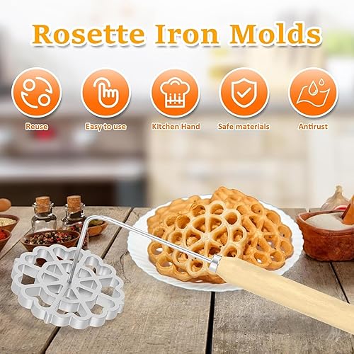 Miniatura 5 de DAZANJA Bunuelos - Juego de moldes de hierro con mango de madera, molde para hacer galletas de flor de loto, fabricante de rosetas desmontables, kit