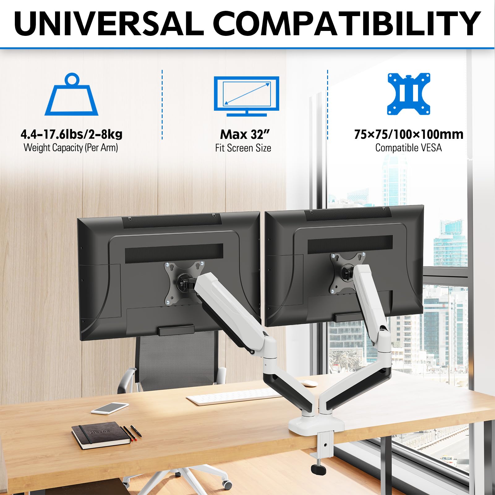 MOUNTUP White Dual Monitor Stand for Desk, Adjustable Gas Spring Double Monitor Mount Holds 4.4-17.6 lbs and 13-32 Inch Screens, Monitor Arms for 2 Monitors VESA 75x75 100x100 with C-clamp & Grommet