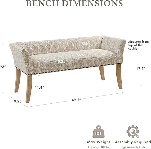 Miniatura 3 de Madison Park Accent Bench for Living Room, Upholstered with Nailhead Trim, & Padded Seat Entryway Bench Small, End of Bed Bench with Back, 49.5" W x