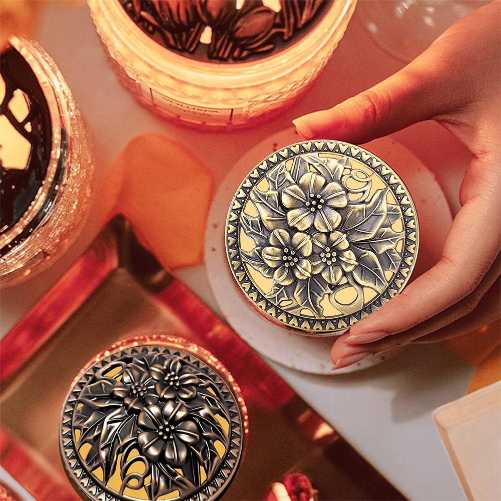 GORGECRAFT 2PCS Candle Cover Topper Scented Candles Cover Flowers Leaves Pattern lid Vintage Gold Red Alloy Toppers Jar Sleeves Accessories to Burn Evenly for Jar Melt Space - Image 4