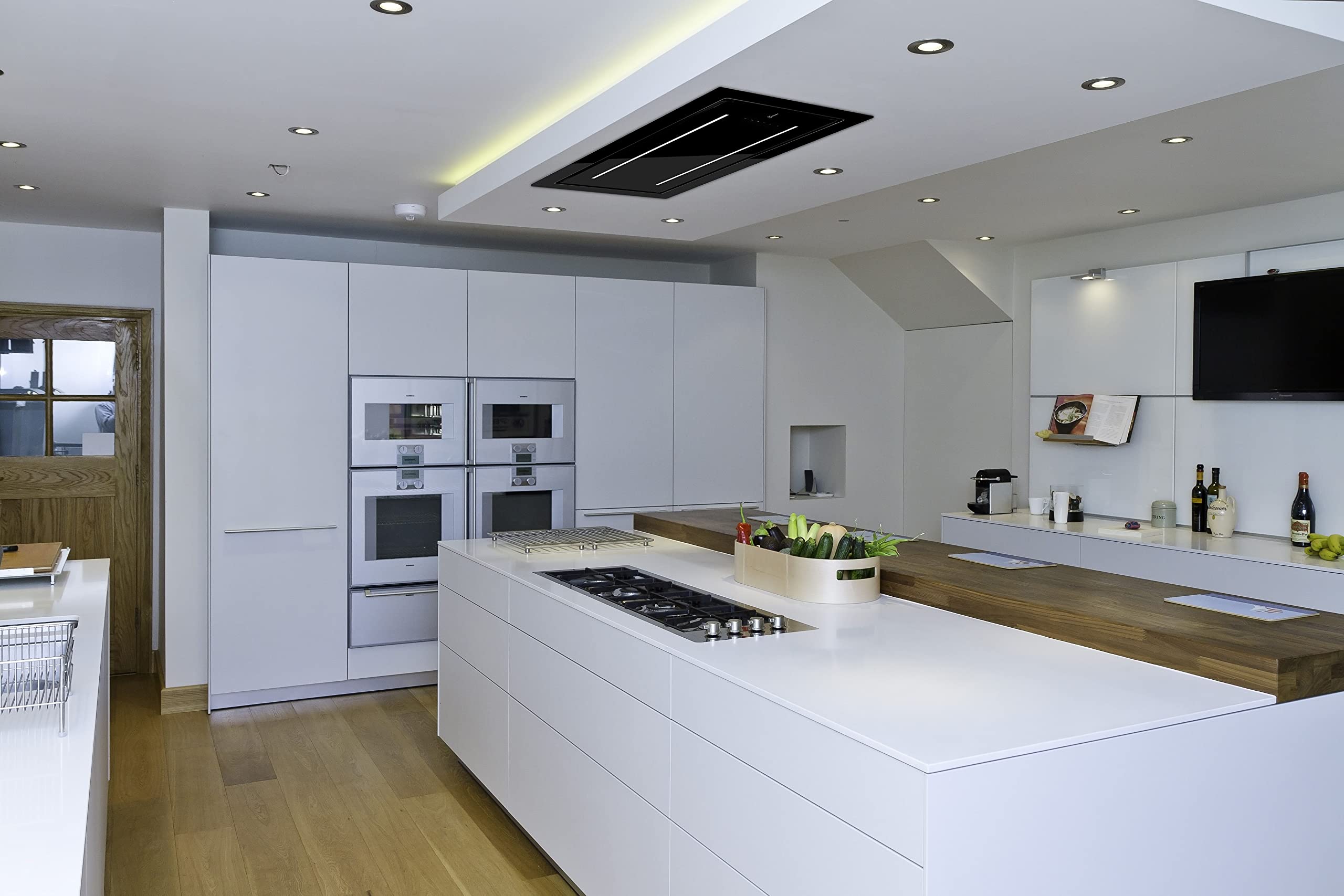 Gurari 341 BL 120, Campana de techo 120 cm 1000 m³/h de cristal negro, ventilador de techo, rejilla de escape