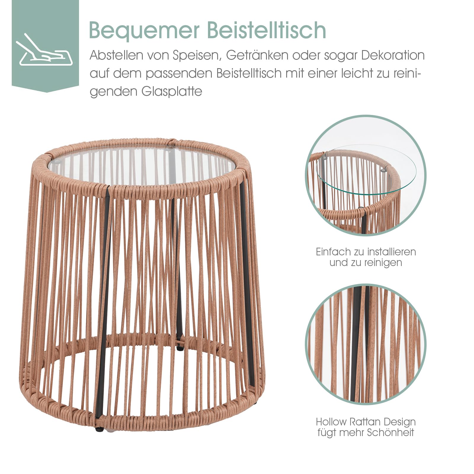 OC Orange-Casual Outdoor 3-TLG Balkon Set, Bistro Set, Rattan Gartenmöbel mit Kissen, Couchtisch mit Glastischplatte,Sitzgruppe für Garten, Balkon, Hinterhof, Natur