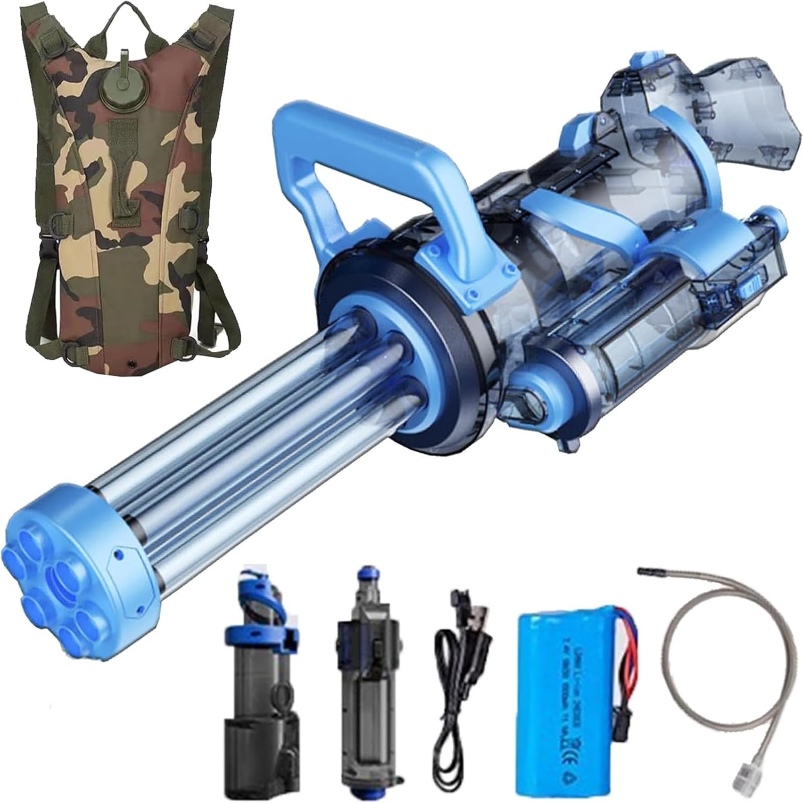 Pistola de agua eléctrica Gatling, pistola de agua eléctrica Gatling giratoria con ráfaga de hielo, alcance de 40 pies, luz de disparo LED, disparo continuo de alta (Blue+Backpack)
