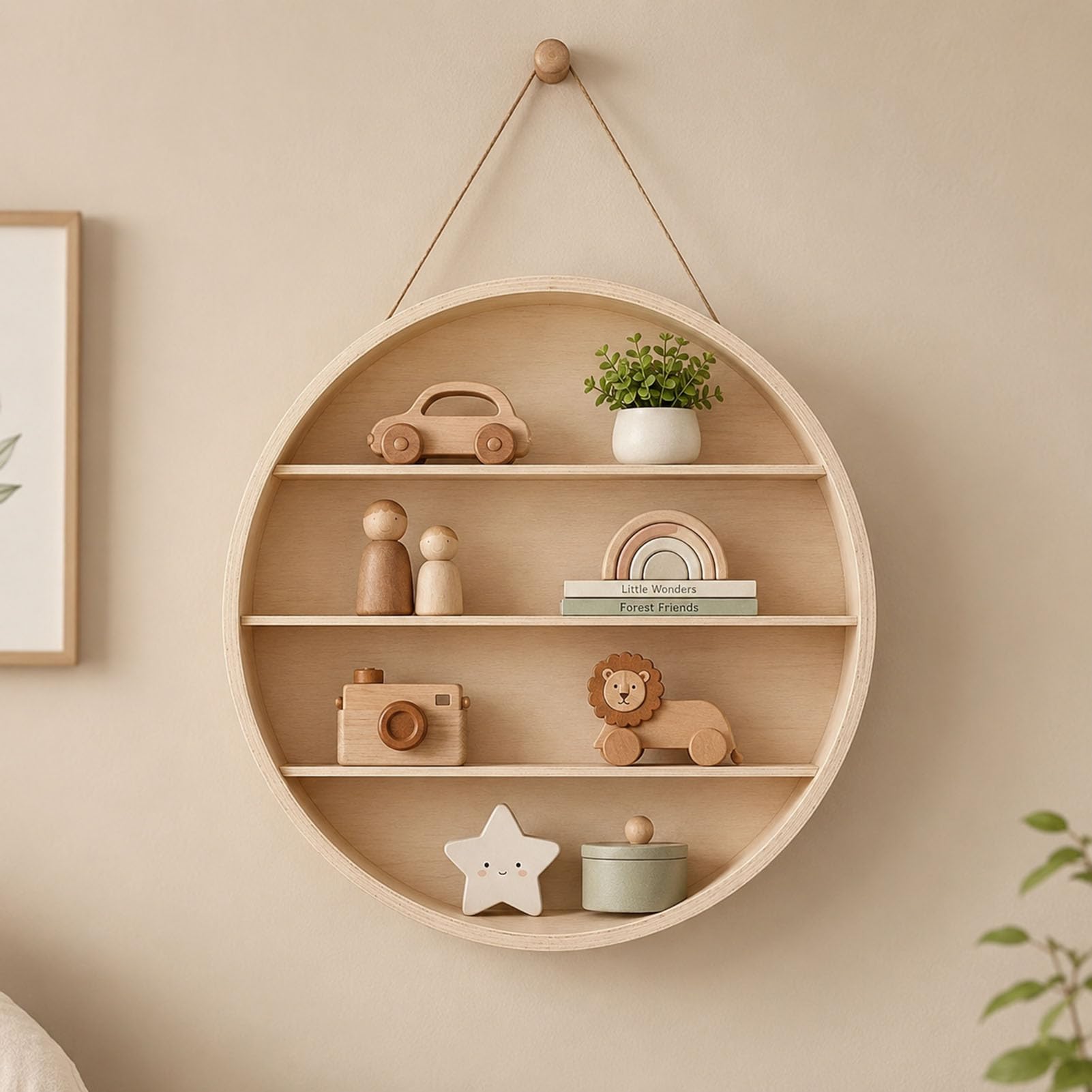 Rundes Wandregal Holz 38/55 cm 4-stufiges Schweberegal Wand, dekoratives Aufbewahrungsregal mit 4 Ebenen Hängeregal für Wohnzimmer Schlafzimmer Bad Küche und Kinderzimmer,Natural,38cm