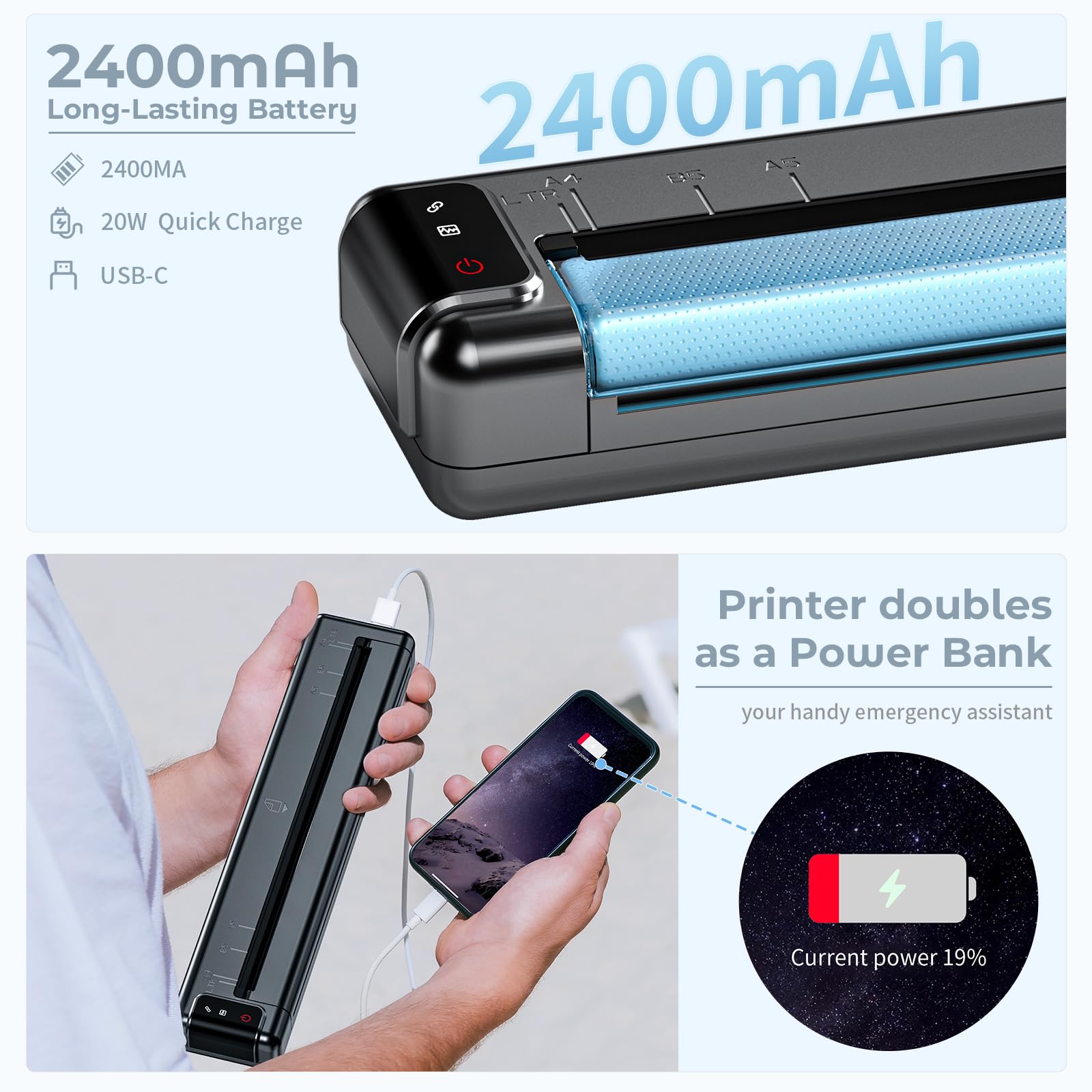 Q302 Mini Stampante Termica Portatile, 300DPI Stampante Senza Inchiostro, Supporta la Carta termica US Letter/A4/B5/A5, Connessione WiFi, Bluetooth, USB