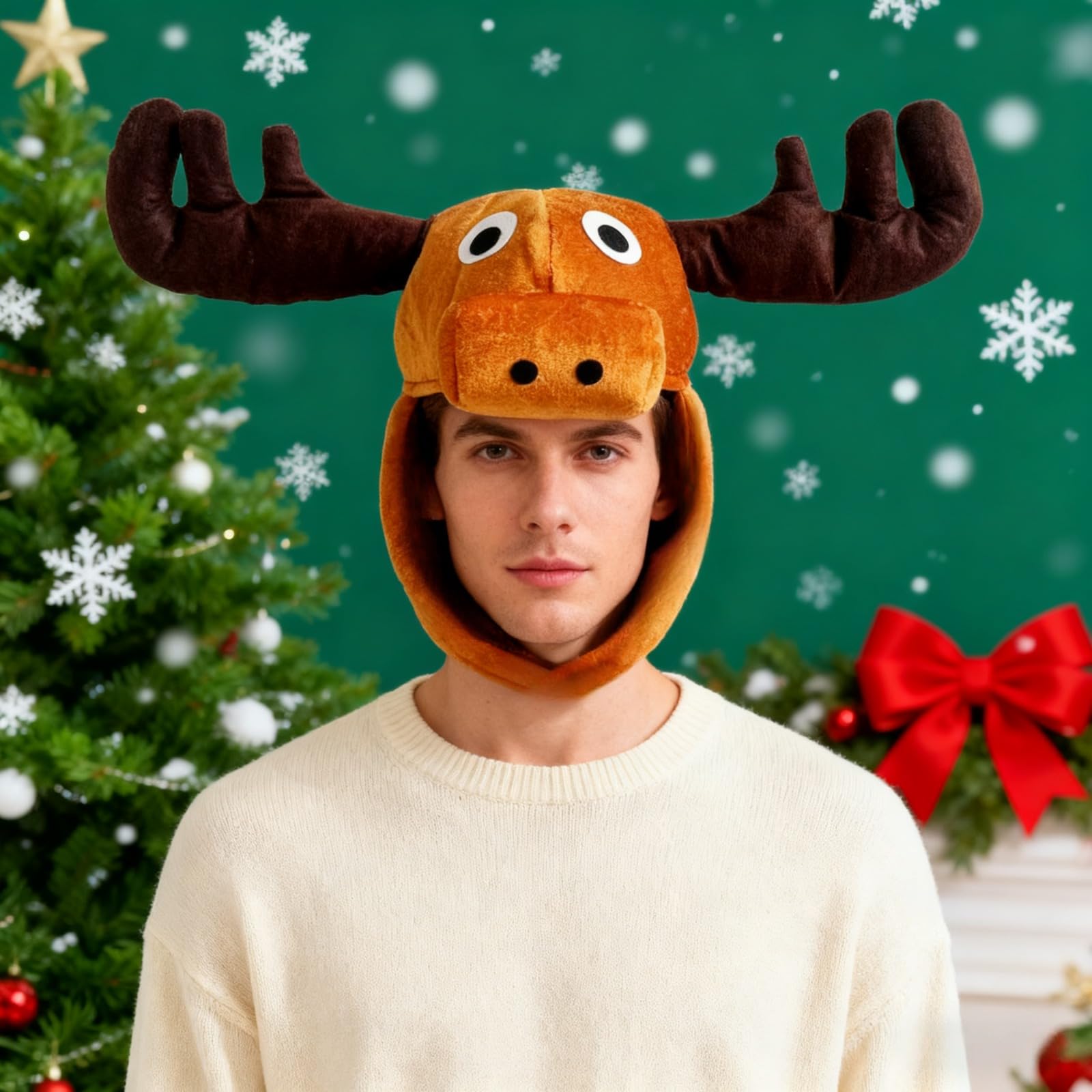 Fuzzy Faux Fur Moose Hooded Hats Men Women Teens Cosplay Halloween Funny Large Antler Elk Ear Headwear Animal Theme Earflap Skull Caps Christmas Reindeer Moose Costume Full Hood Hat Supplies - Image 4