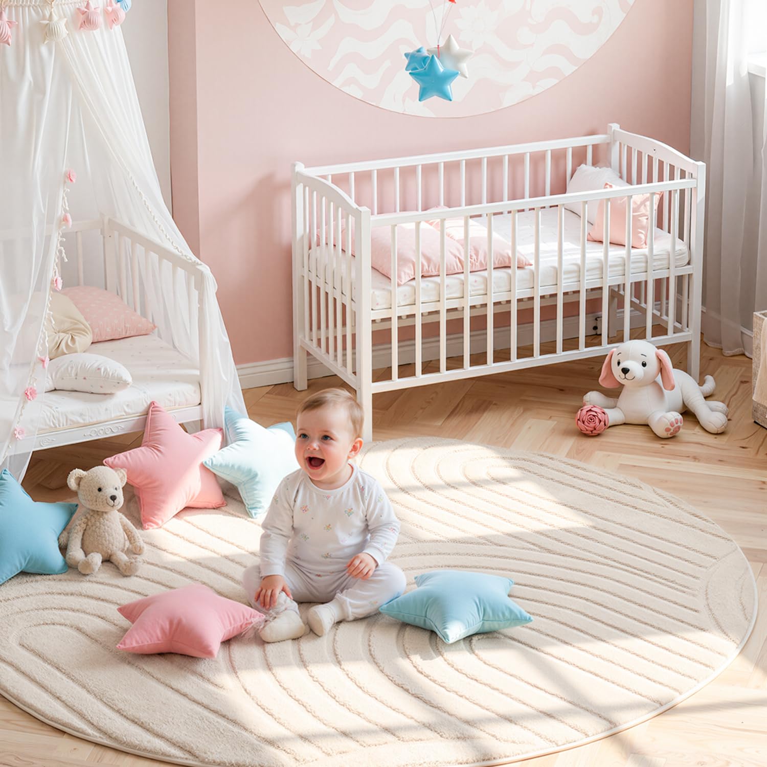 Runder Teppich Beige Ø 120 cm mit Relief-Struktur Kreise, Weicher Soft-Flanell, rutschfest, Waschbar & Faltbar, Deko-Akzent für Kinderzimmer & Leseecke