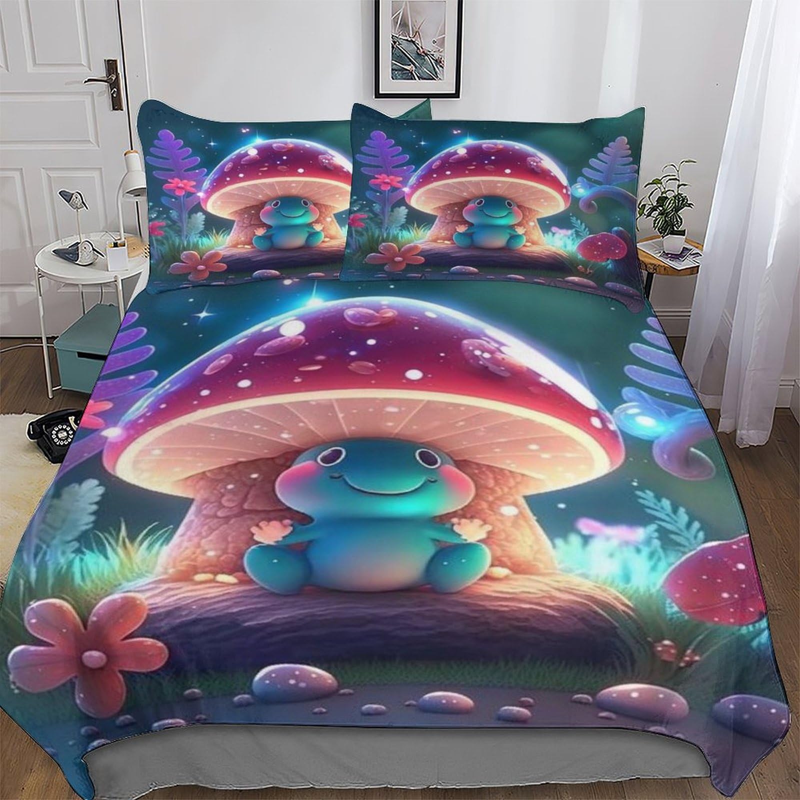 AASWSWW Mushroom Comforter Cover Set Microfibre Bedding Set Duvet Cover with Pillowcases Soft Quilt Cover 2 PCs For Boys Girls Single(135x200cm)