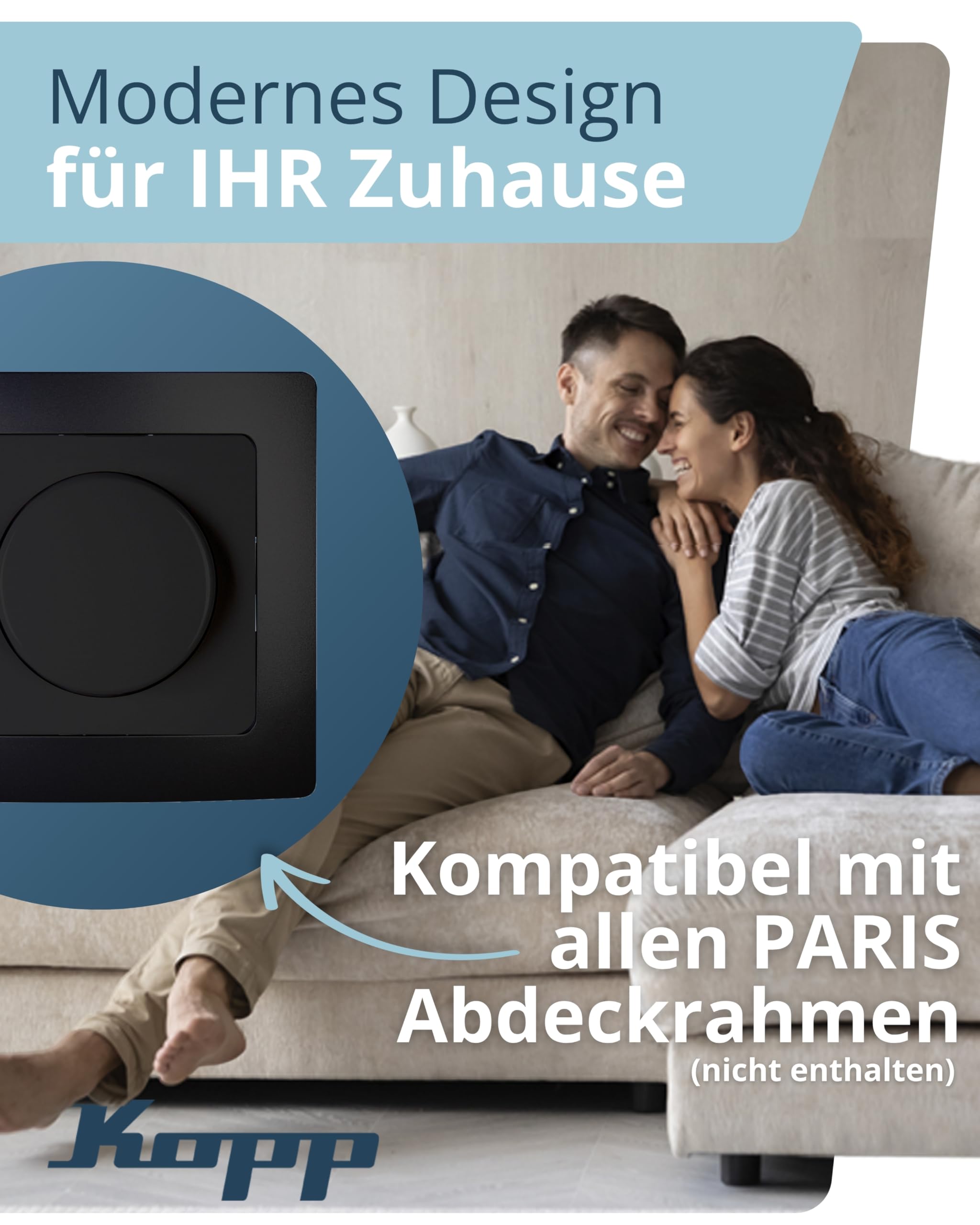 Kopp PARIS Universal-Dimmer-Schalter mit Drehknopf - Matt-Schwarz - Für 10-250W Glühlampen & 3-100W LED - Dimmbarer Lichtschalter mit Phasenan- & abschnitt - Druck-Wechselschalter mit Wellenadapter