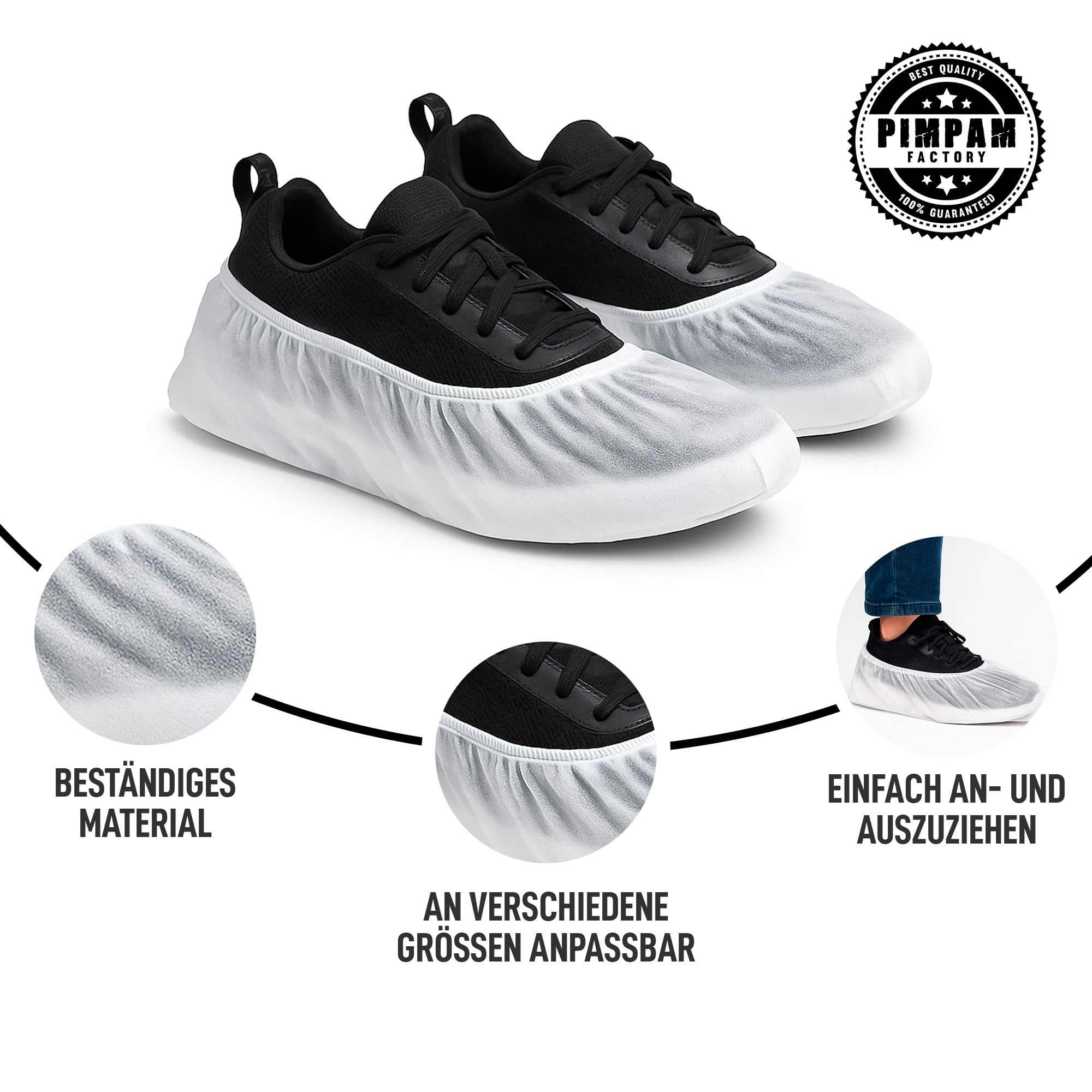 PimPam Factory Einweg-Schuhüberzieher - 100 Stück - Überschuhe Erwachsene atmungsaktiv & verstellbar - Geruchsfreie & hypoallergene Schuhschützer - Weiße Schuhüberzieher