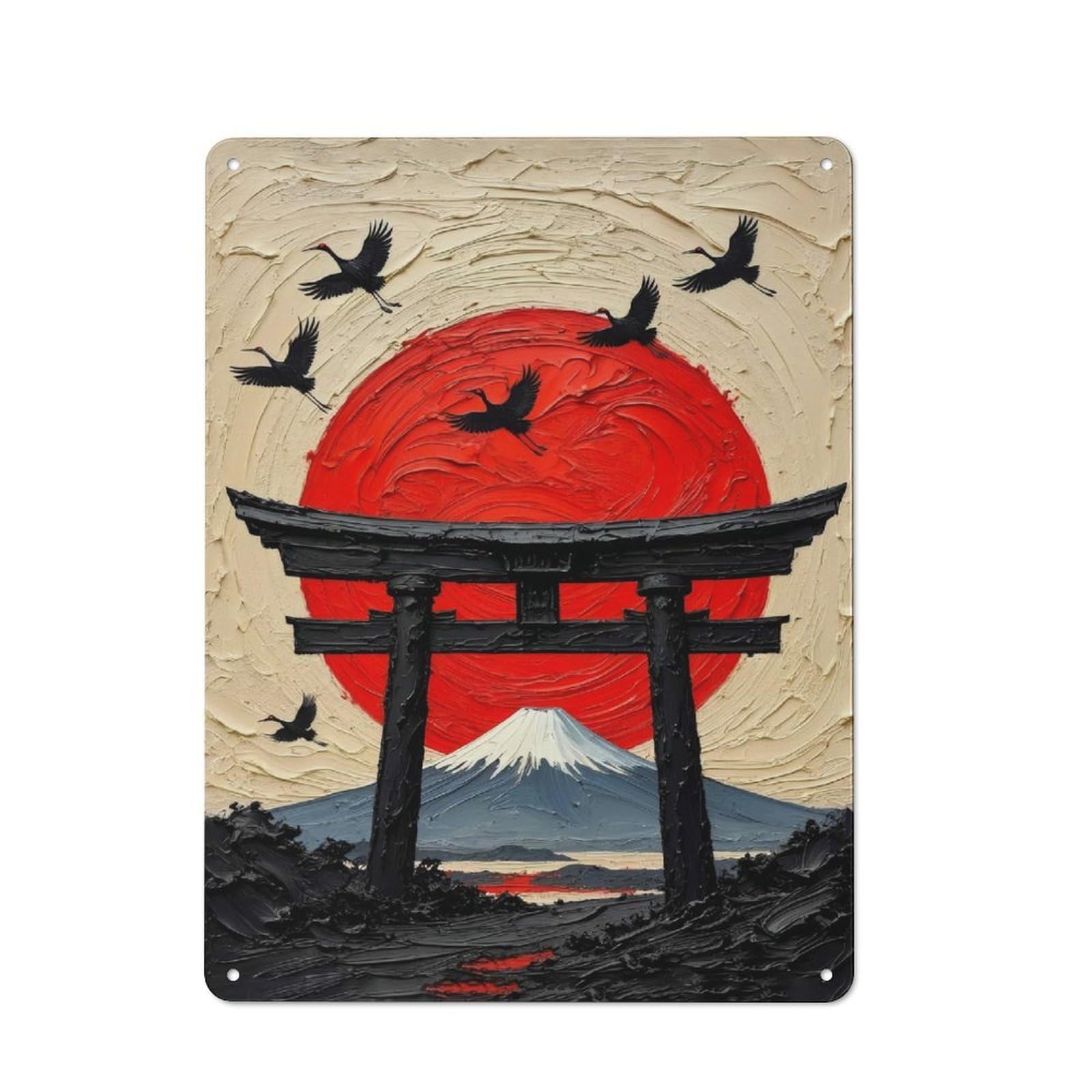Junmoney Style-1 Retro Retro Metal Sign 40X30cm Featuring Japanese Landscape With Cranes And Torii Gate, Garage Wall Decor For Garage, Hobby Room, Office Or Man Cave