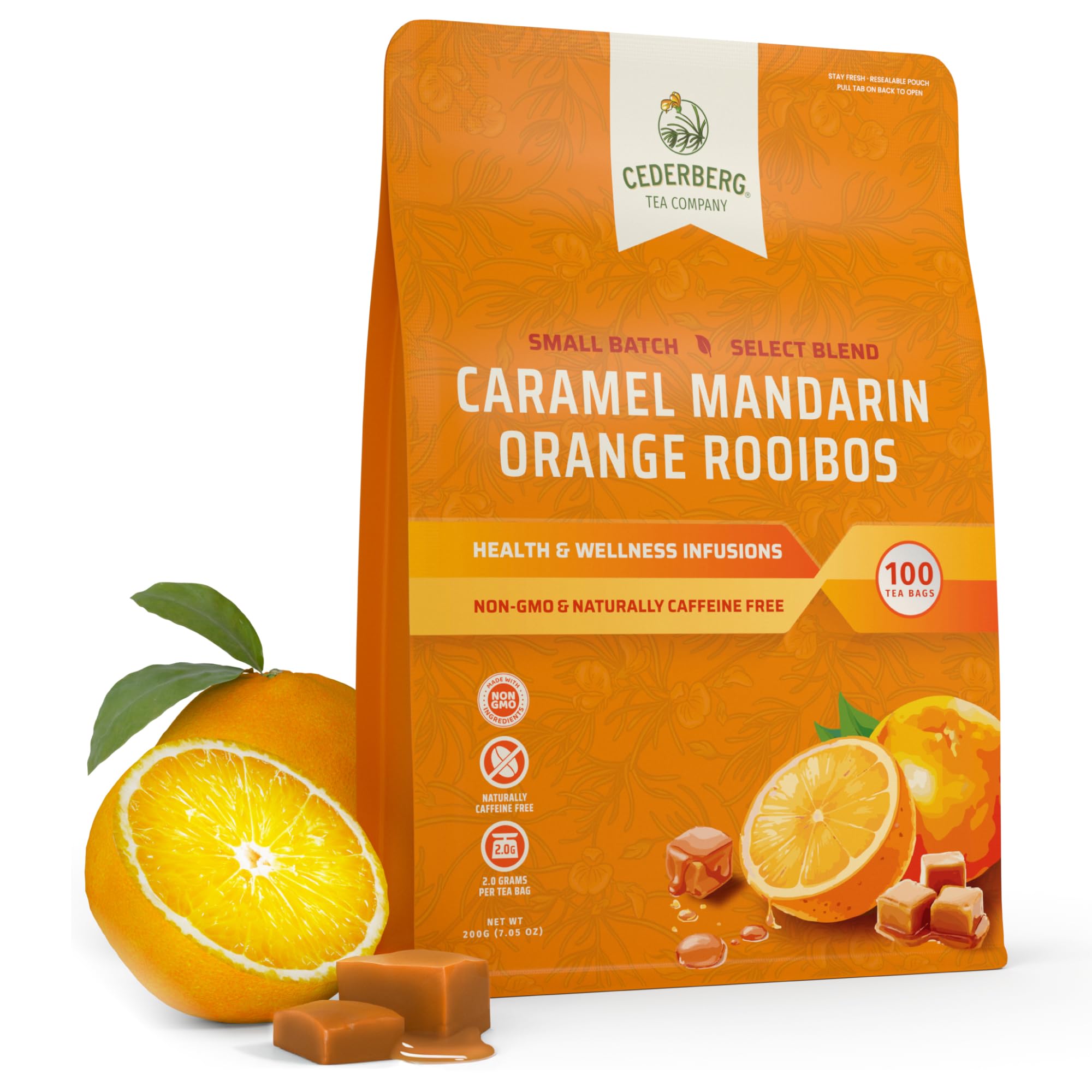 Cederberg Tea CompanyCaramel Mandarin Orange Rooibos Tea Bags - Made with Organic Red Rooibos Tea, South African Herbal Tea, Naturally Caffeine Free Tea, Small Batch - Select Blend Non-GMO, Premium Leaf, Antioxidant-Rich, 100 Count