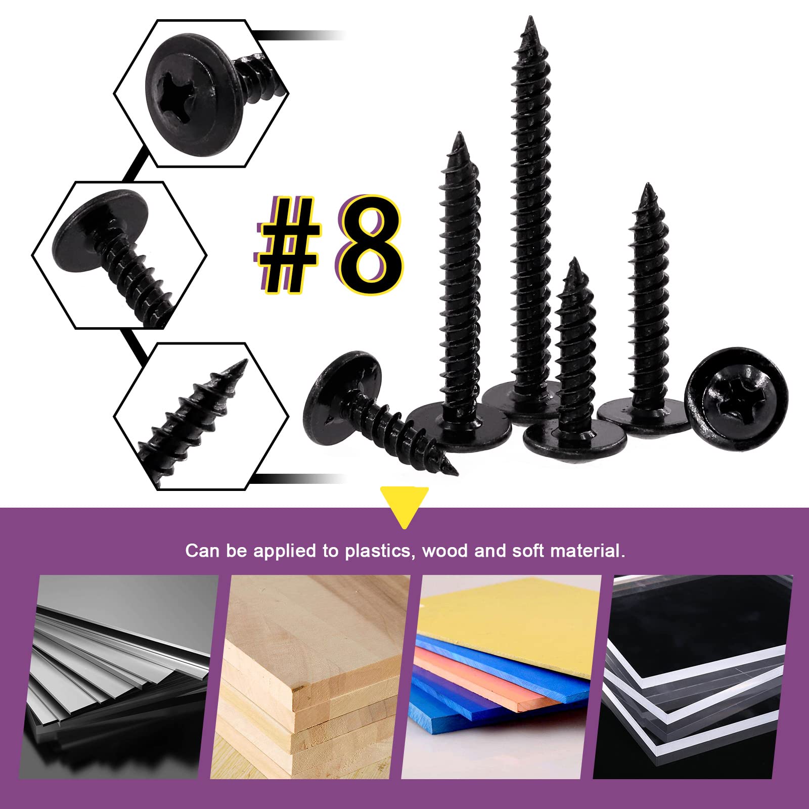 Swpeet 340Pcs 6 Sizes #8 x 1/2", 5/8", 3/4", 1", 1-1/4", 1-1/2" Phillips Modified Truss Head Wood Screws Assortment Kit - Image 4