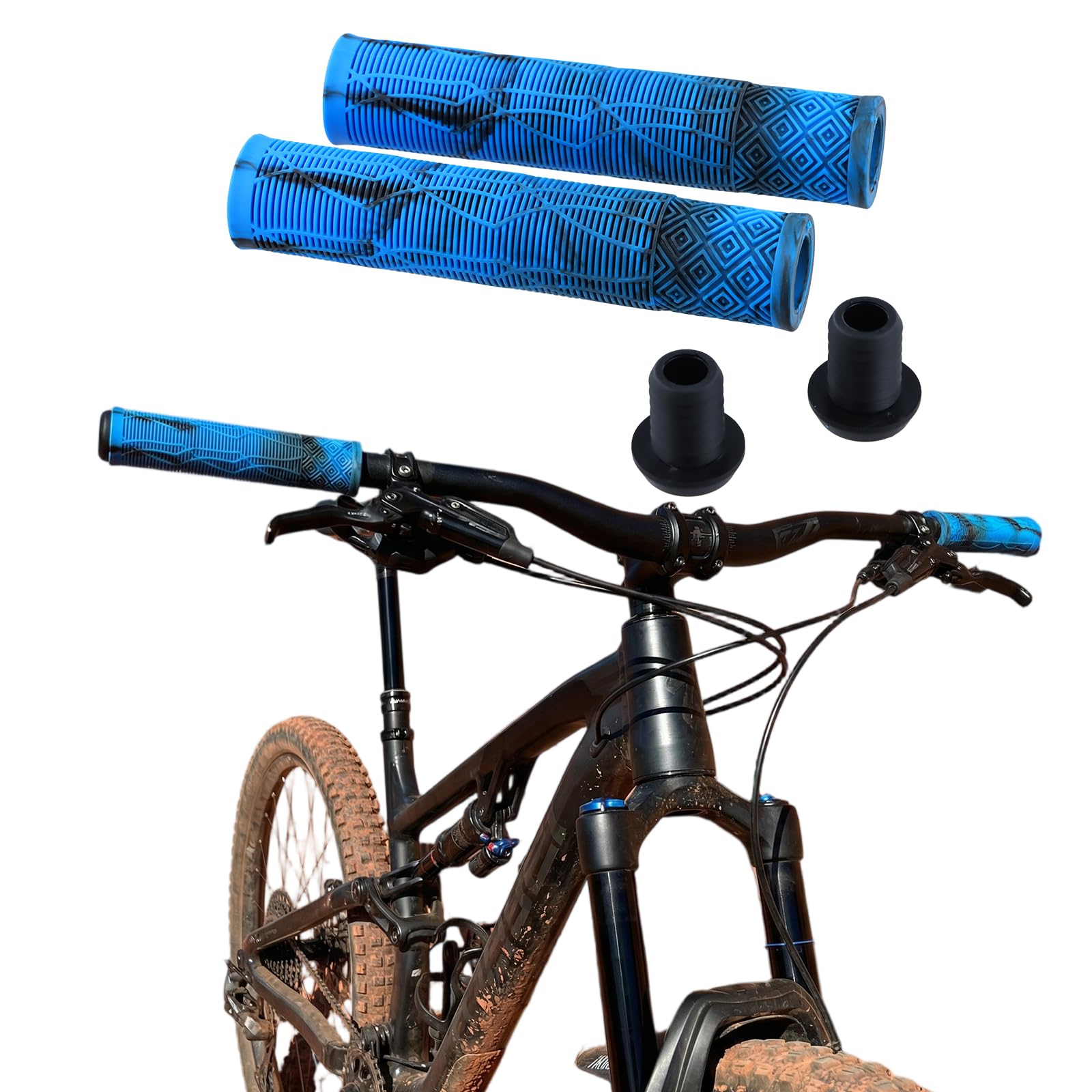 1 para uchwytów do hulajnogi, 160 mm, uchwyty rowerowe do hulajnogi wyczynowej, uchwyty MTB z antypoślizgowej gumy, z końcówkami kierownicy, niebiesko-czarne uchwyty na kierownicę do
