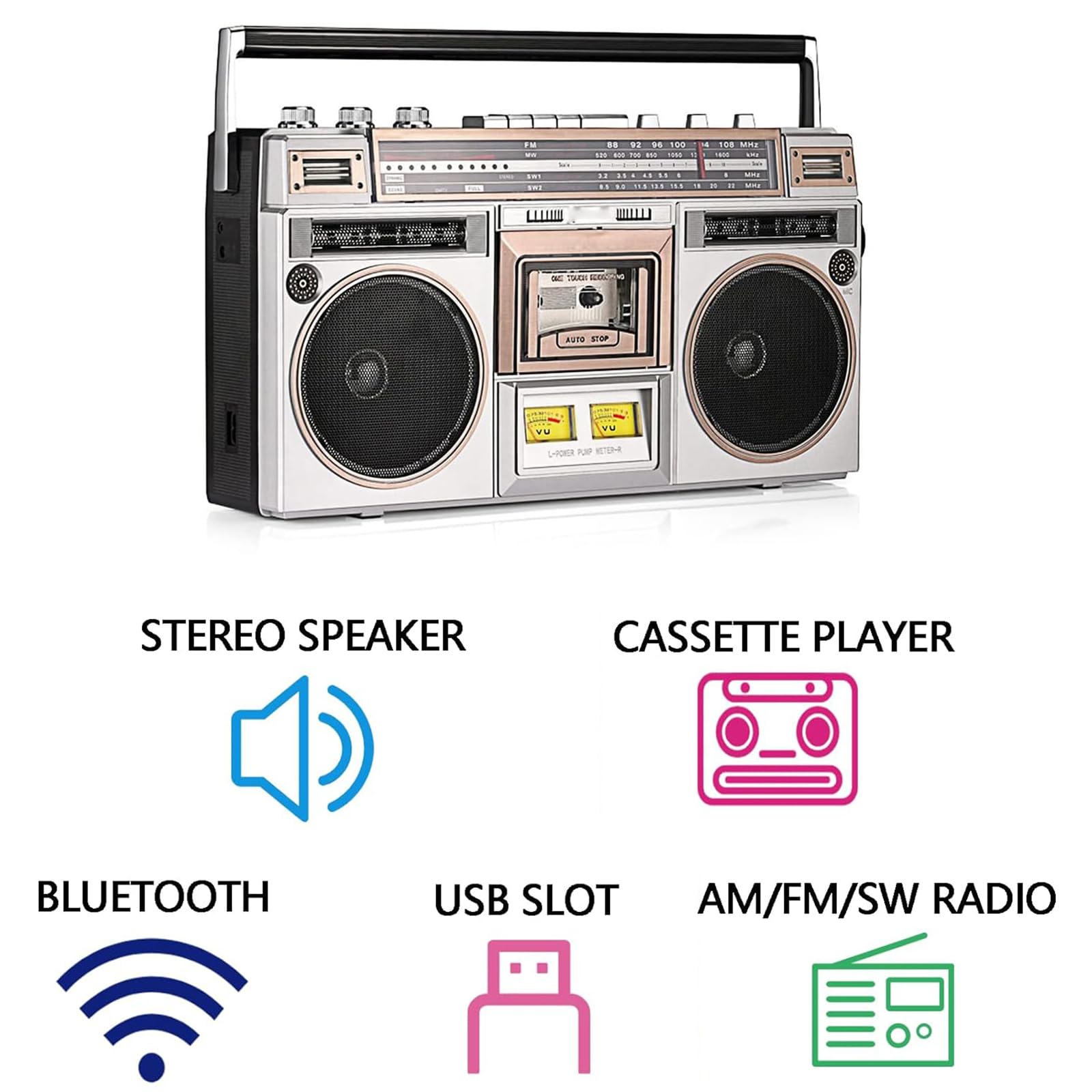 Boombox portatile con lettore CD, stile classico anni '80, radio AM/FM, ingresso SD/USB, compatto per riunioni di famiglia e viaggi