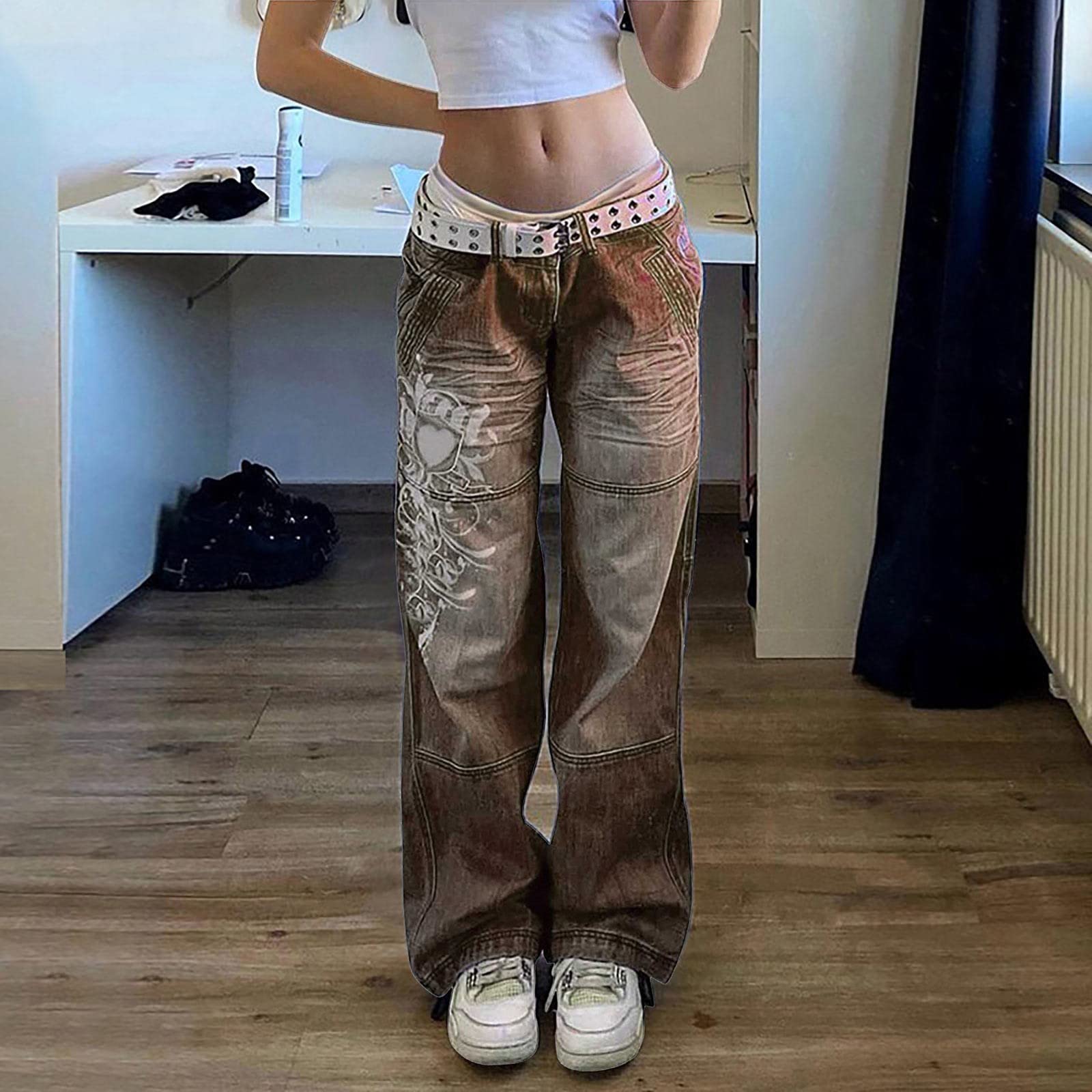 Jeans da donna a vita bassa, con stampa, stile casual