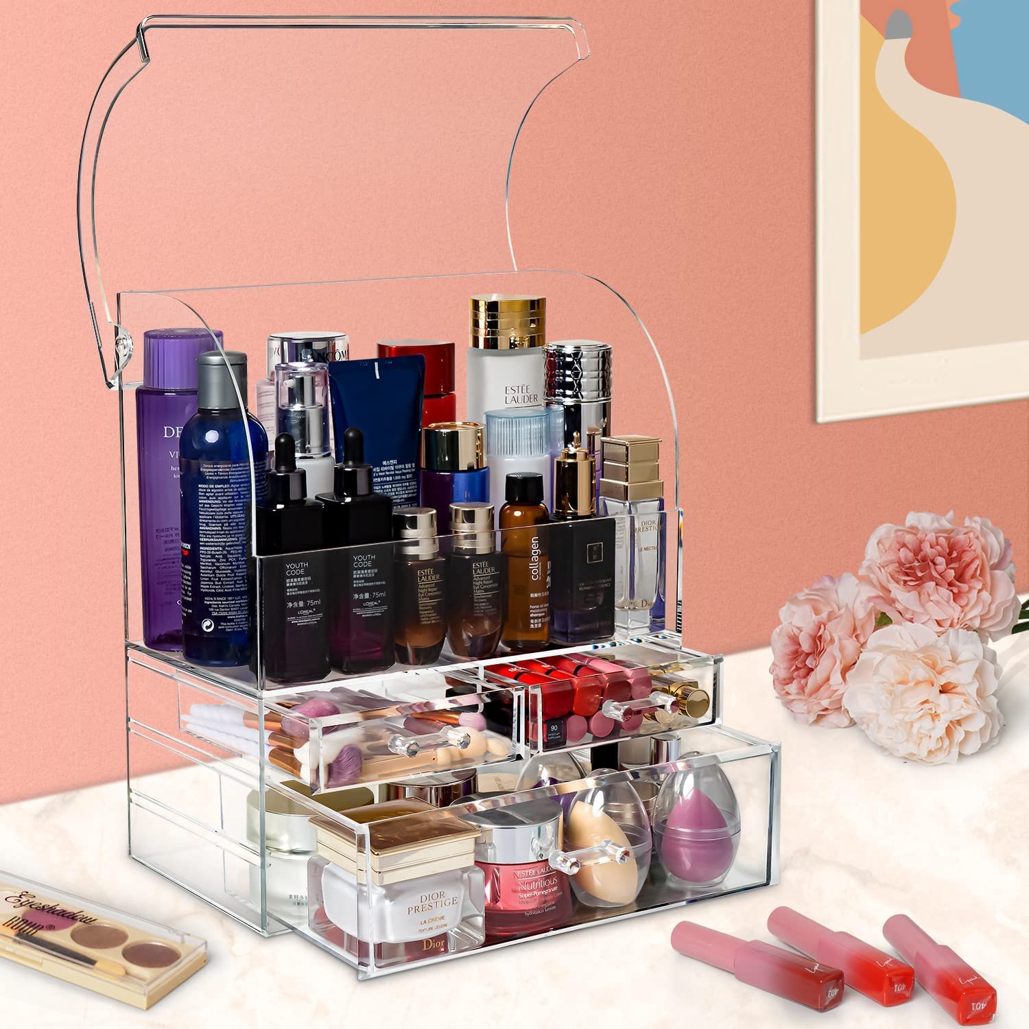 Organizador de almacenamiento de cosméticos, gran acrílico transparente con cajones, baño, tocador (transparente-XL)