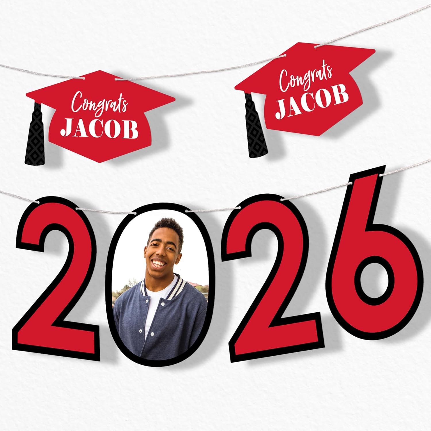 Big Dot of Happiness Red 2026 Personalized Graduation Banner with Custom Photo & Name, Customized Class of 2026 Congrats Grad Party Decoration, DIY Letter Banner Garland