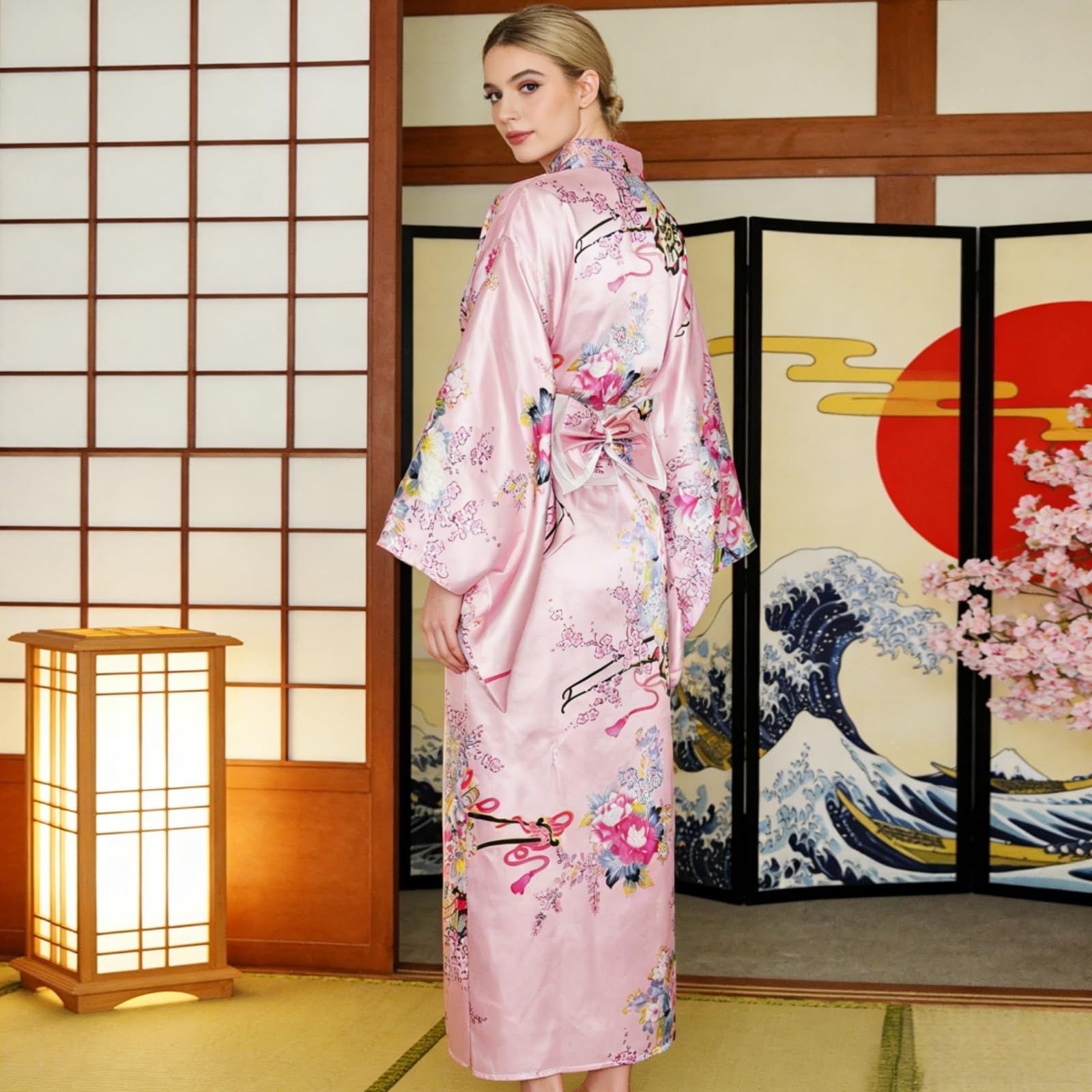 Damska tradycyjna japońska sukienka kimono z nadrukiem kwiatowym z paskiem sukienka japoński szlafrok Yukata kostium cosplay zestaw