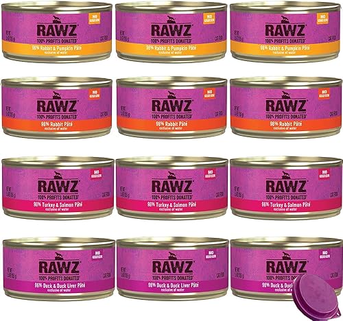 RAWZ Natural Premium - Paté de comida húmeda enlatada para gatos, paquete de 12 variedades, 4 sabores, pavo y salmón, hígado de pato y pato, conejo,