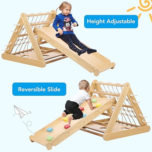 Miniatura 2 de Gimnasio interior de la selva, juguetes de escalada de madera 2 en 1, trepador triangular de madera de 3 lados con red de escalada, rampa