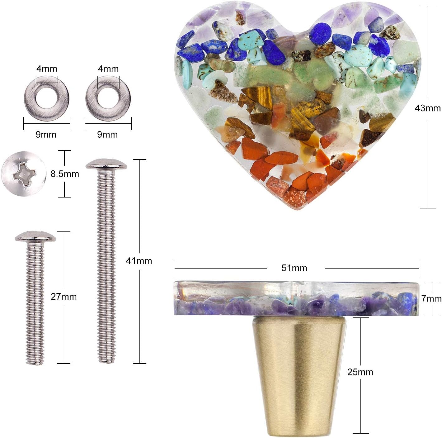 Rockcloud Pack of 2 Heart Shape Resin Crystal Stones Chips Drawer Knobs Pull Handle Cupboard Dresser Door Pull with Screws Home Decoration