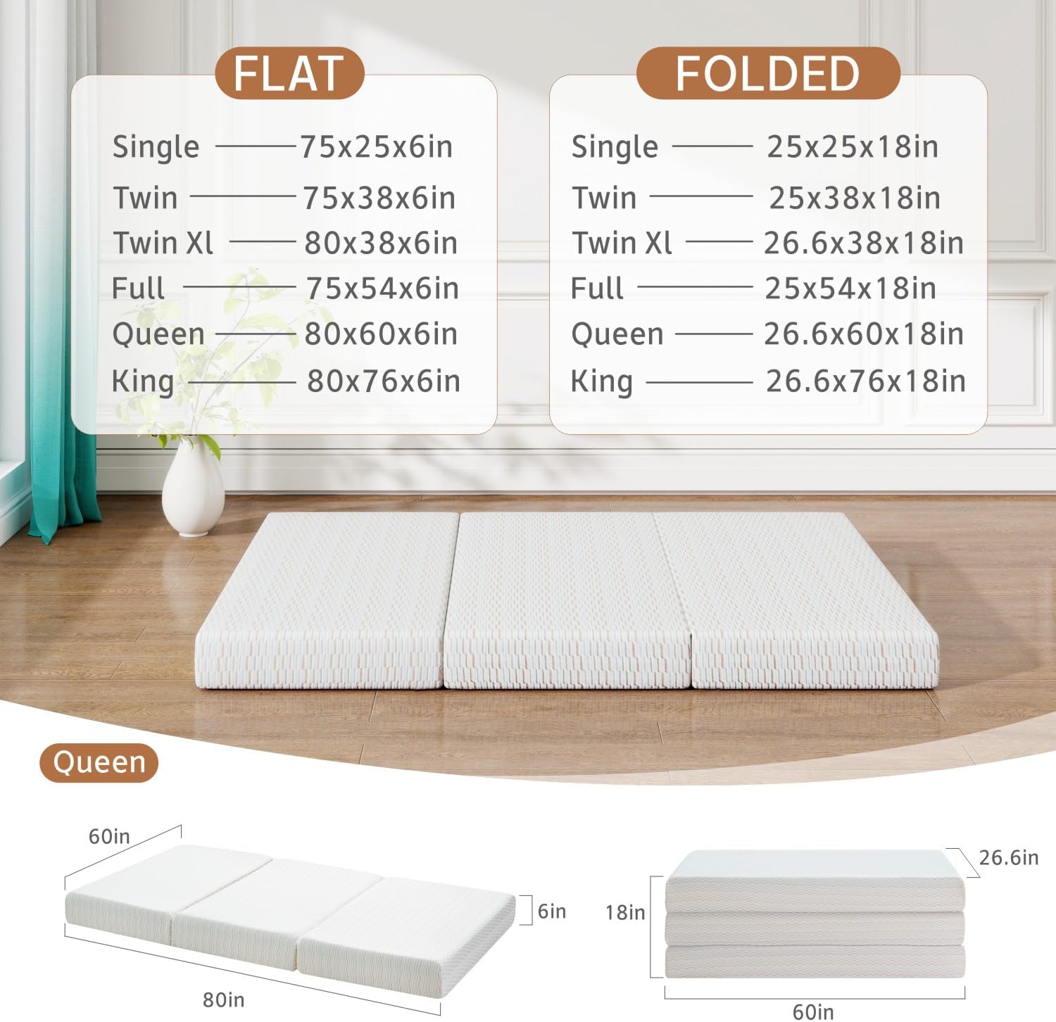 Vipbear Folding Mattress, 6 Inch Tri-fold Mattress Queen Size, Foldable Memory Foam Mattresses Topper with Washable Cover, Floor Bed with Storage Bag for RV& Camping& Home Use