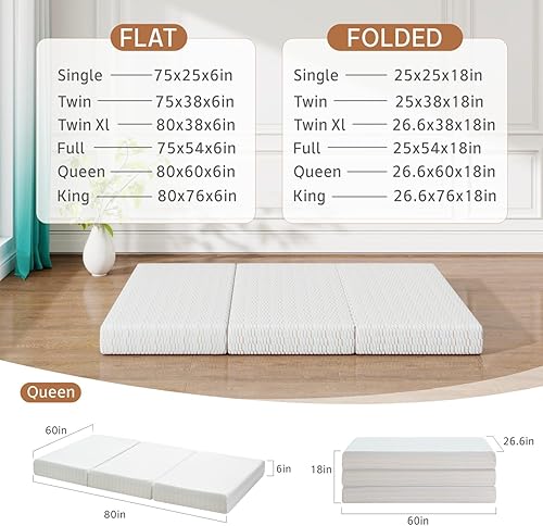 Miniatura 2 de Vipbear Colchón plegable, colchón triple de 6 pulgadas, tamaño Queen, colchón plegable de espuma viscoelástica con funda lavable, cama de piso con