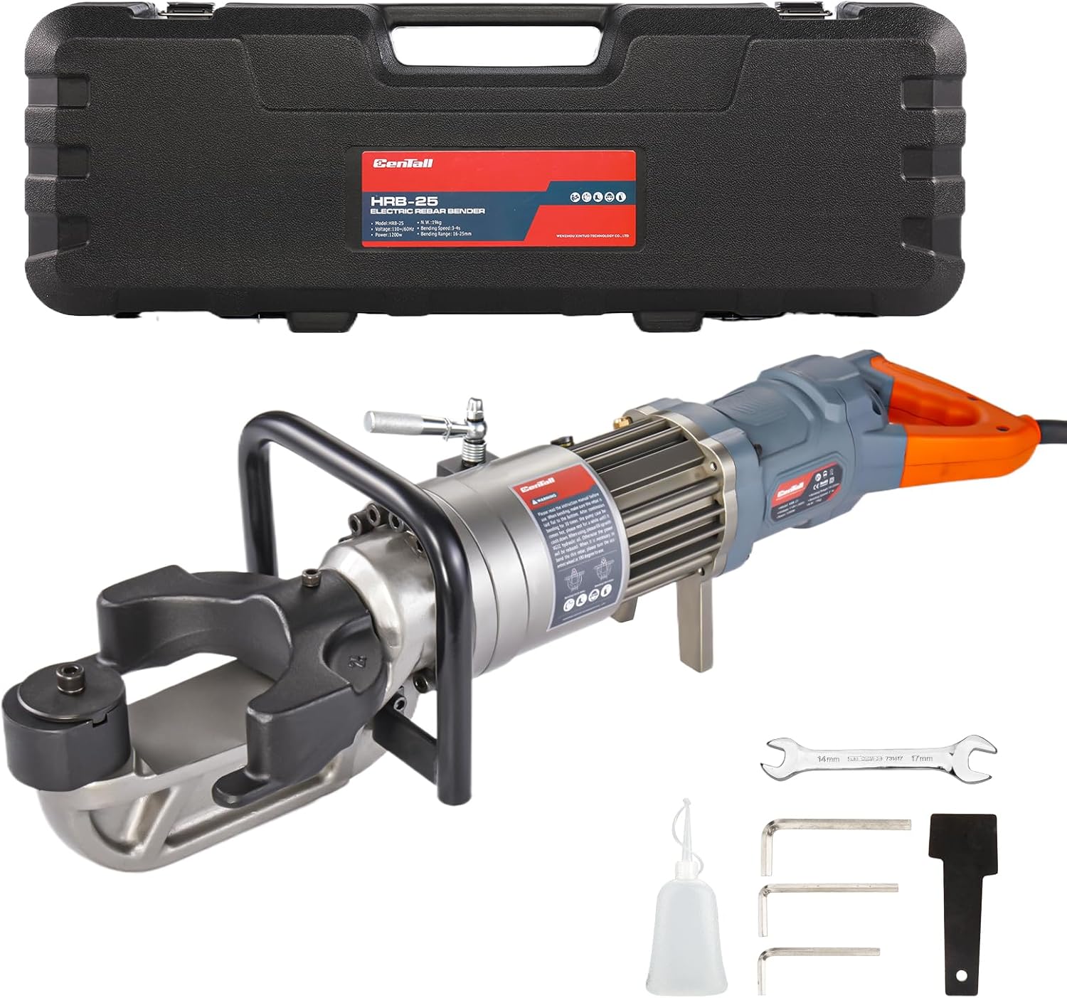 1" Electric Hydraulic Rebar Bender 16-25mm 3s Easily Bending Portable Rebar Bender 1200W 120v/60hz Bending Angle 0-130 Degrees HRB-25 (Grey + Orange)